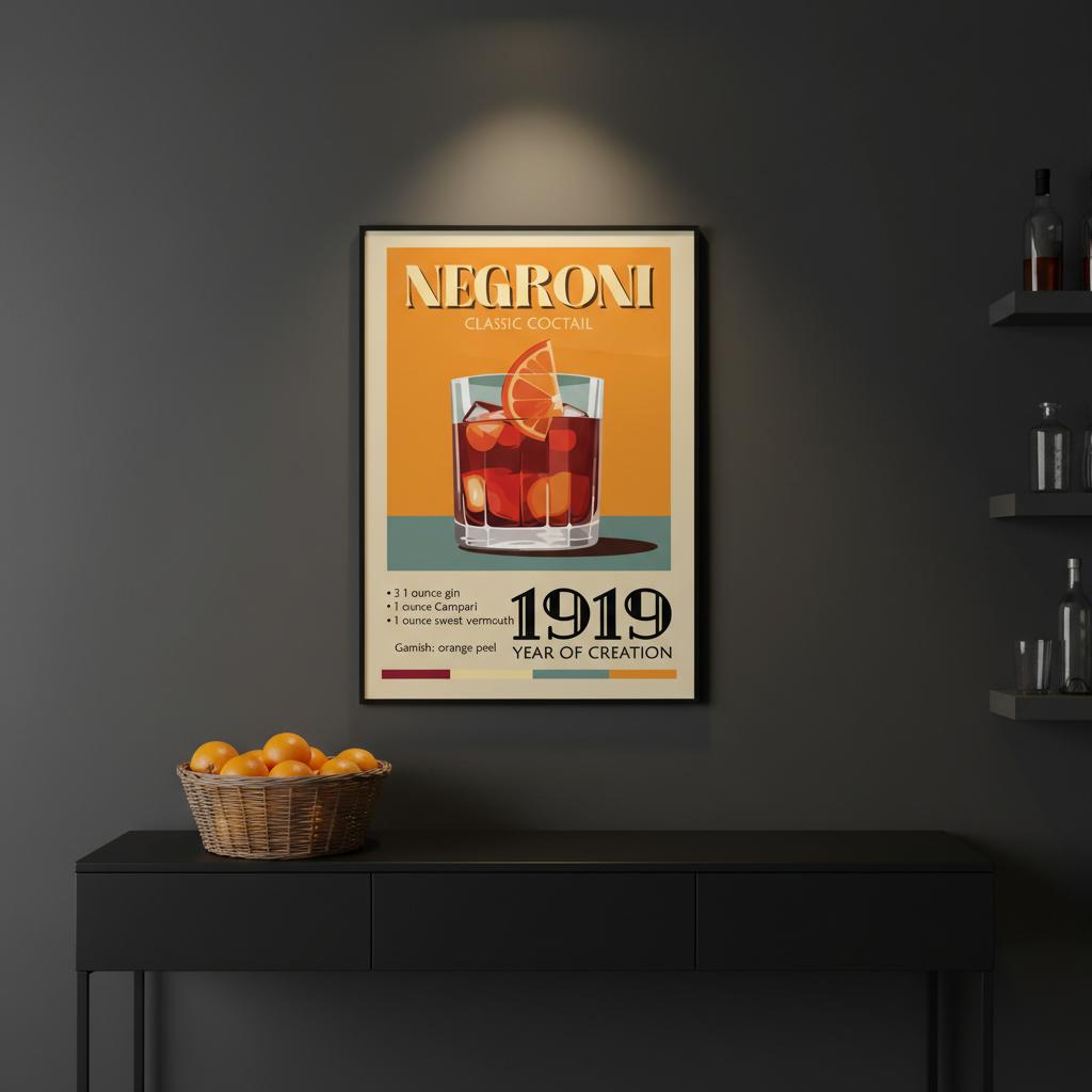 Poster illustrato Negroni in stile vintage con cocktail rosso, arancia e ricetta, perfetto per decorare un angolo bar o cucina moderna.