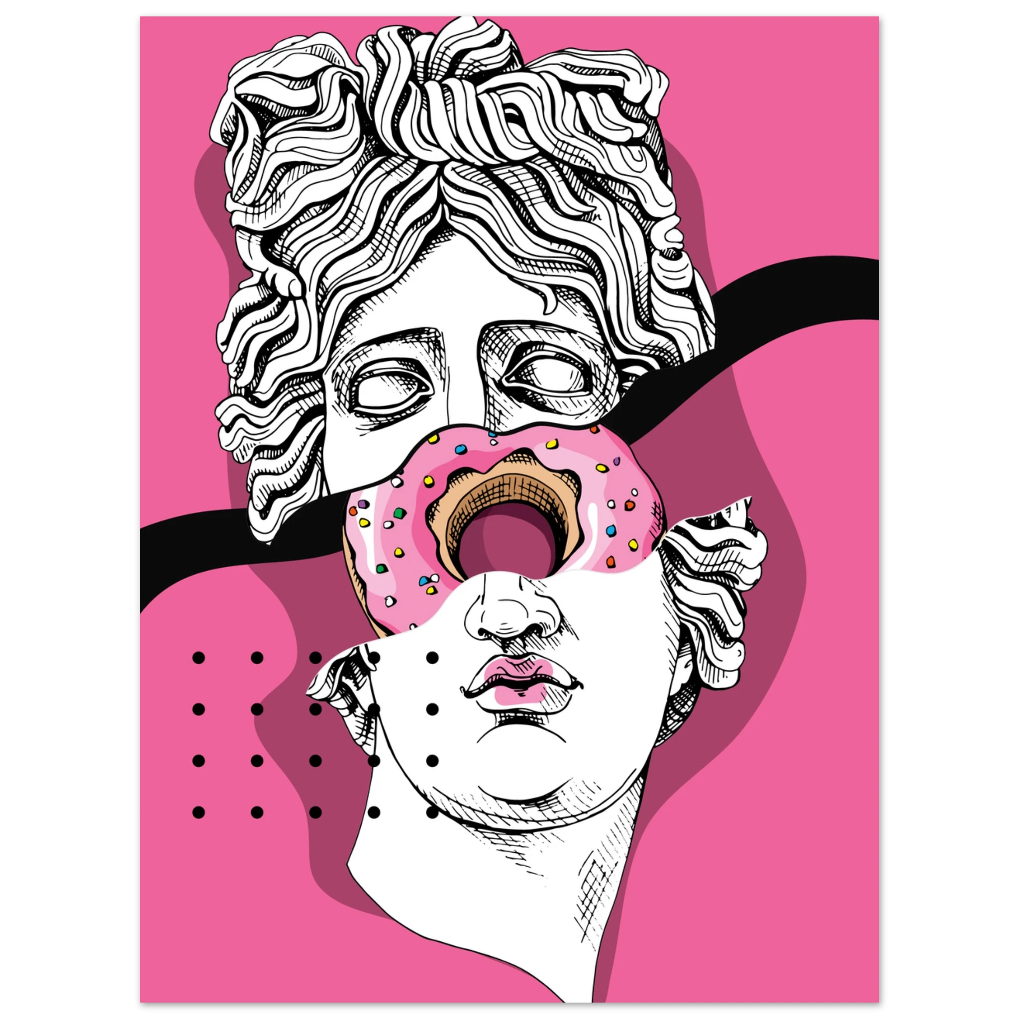 Poster pop art con statua classica bianca e donut rosa sull’occhio, sfondo fucsia, arte contemporanea ironica