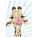 Poster con giraffa pop art che fa una bolla di chewing gum rosa, illustrazione moderna su sfondo azzurro