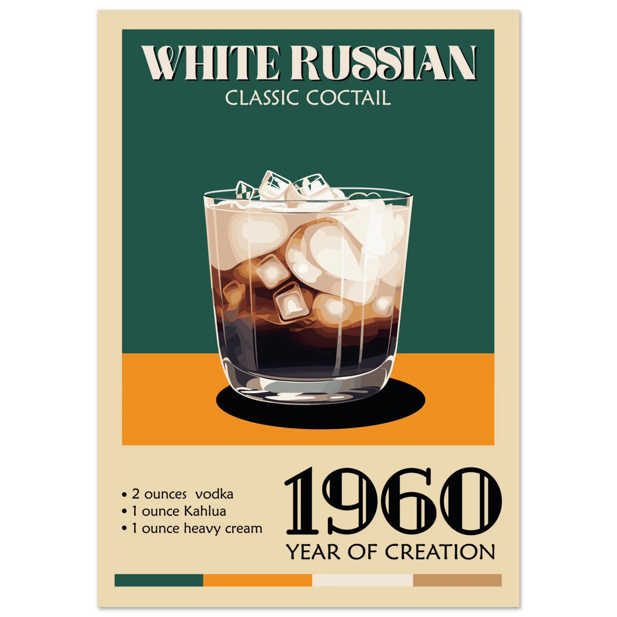 Poster White Russian vintage con bicchiere cocktail e scritta classic cocktail, grafica retrò da bar elegante