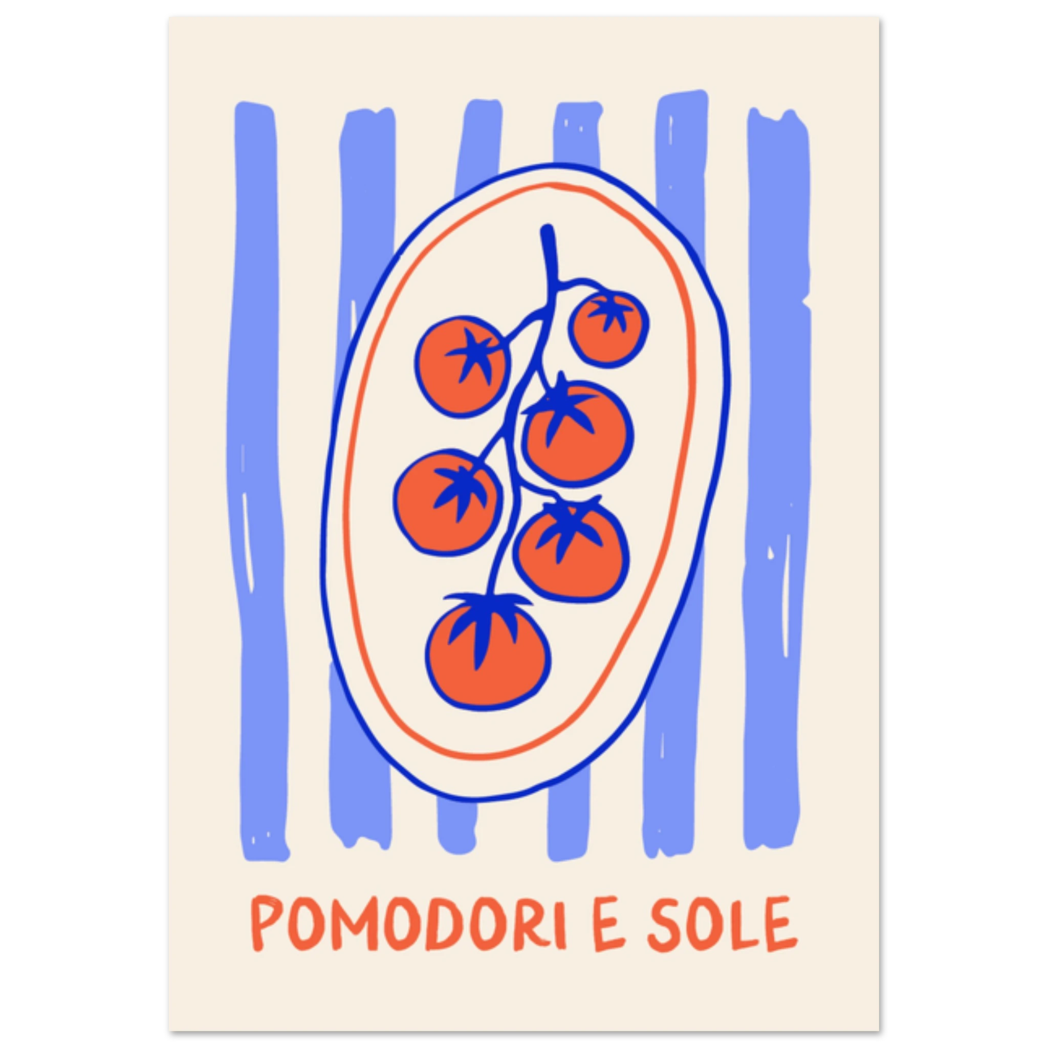 Poster illustrato con pomodori e sole, stile mediterraneo italiano