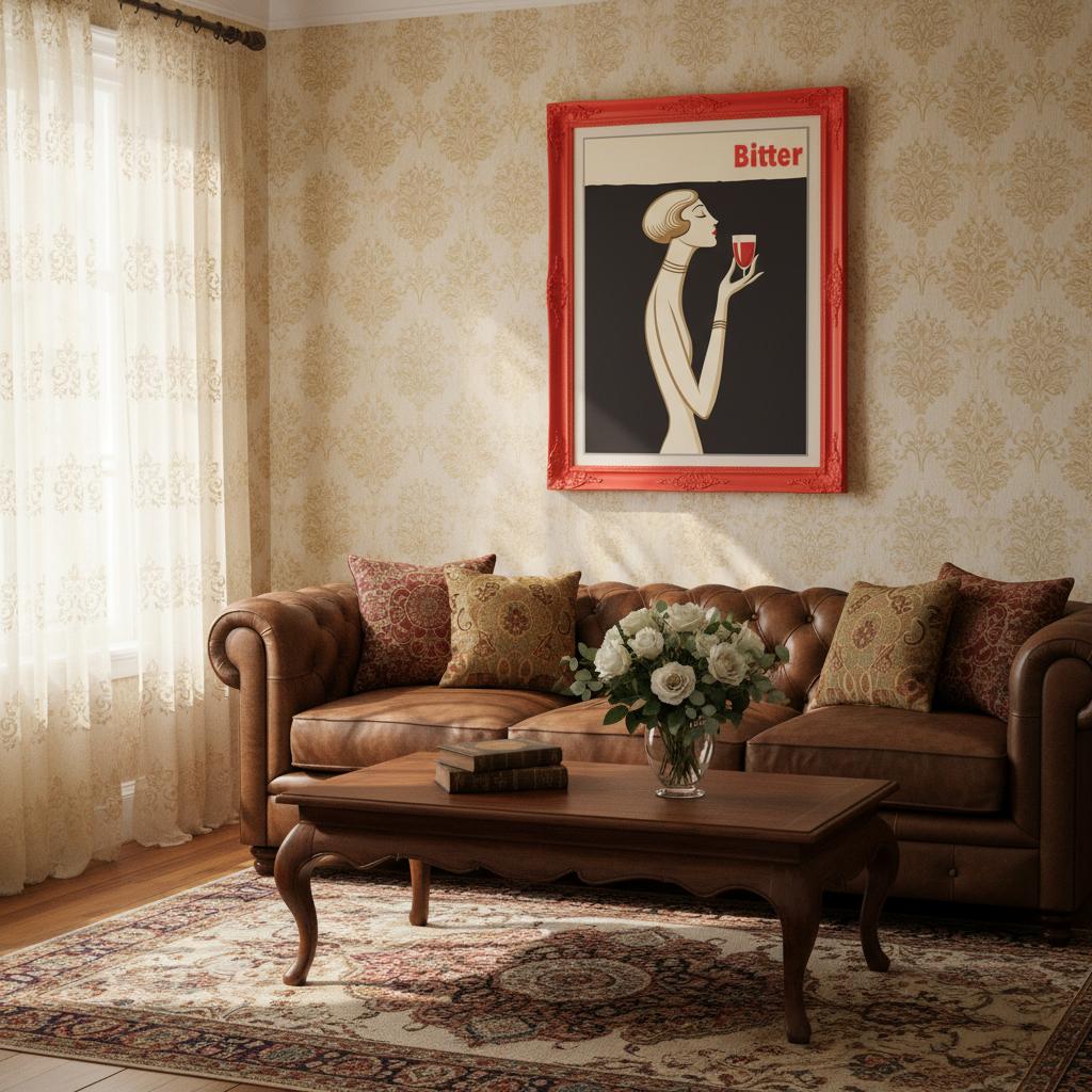 Poster Bitter in stile Art Déco con donna elegante che tiene un calice rosso, grafica vintage