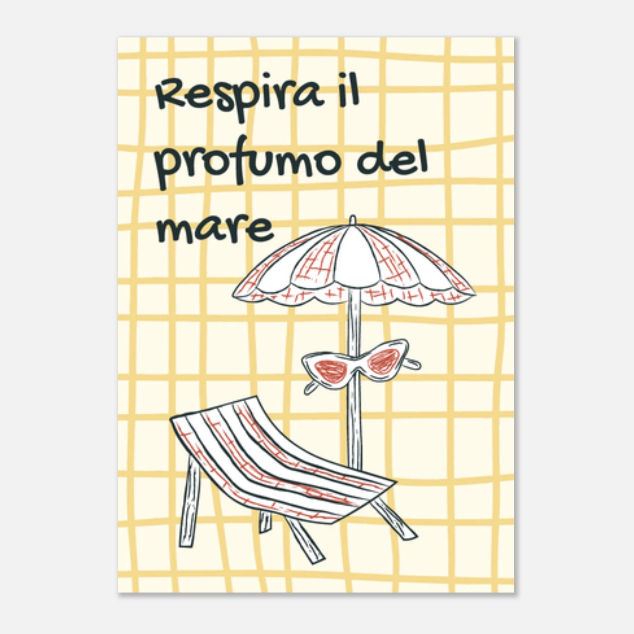 Poster illustrato con ombrellone e sdraio, mare e stile di vita mediterraneo