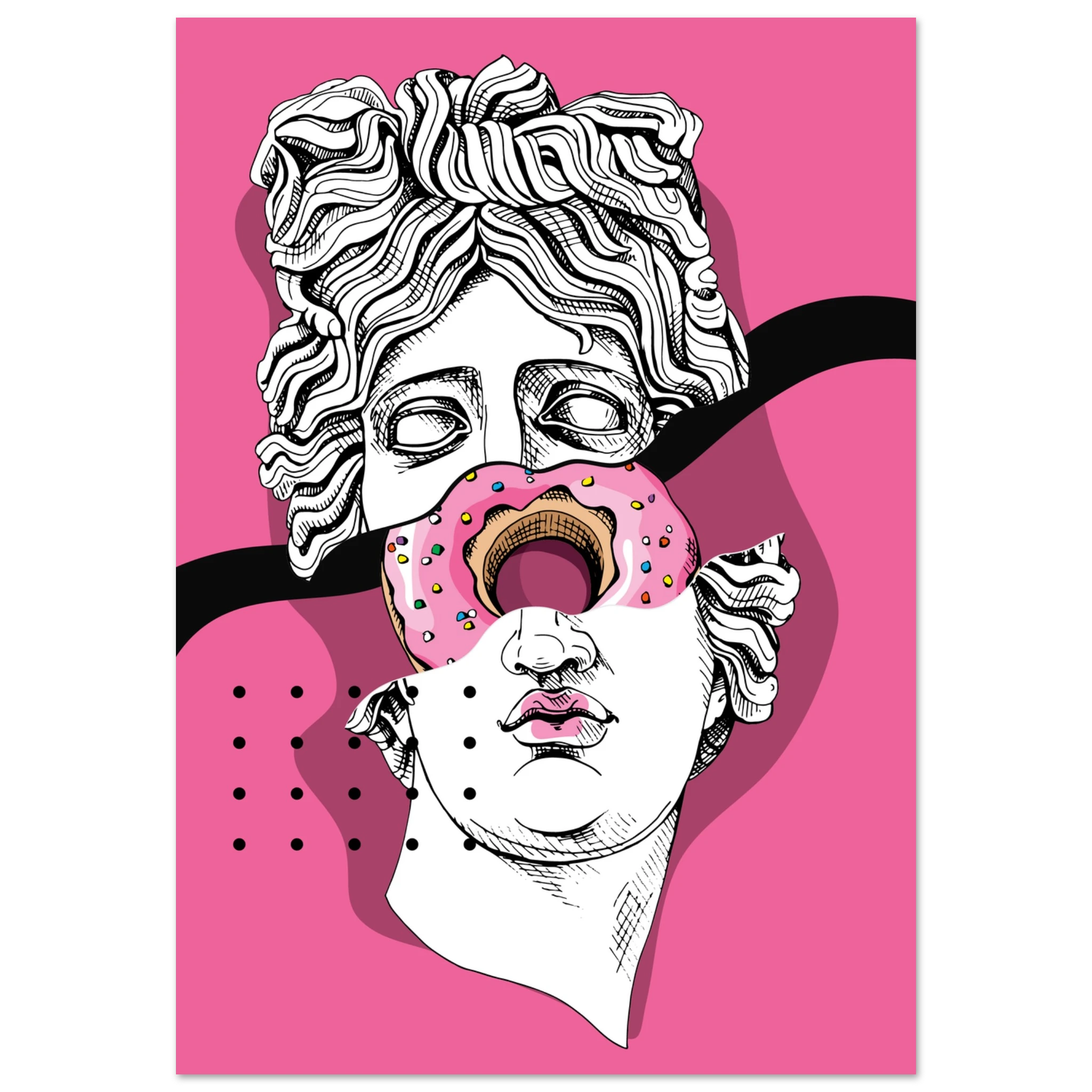 Poster pop art con statua classica bianca e donut rosa sull’occhio, sfondo fucsia, arte contemporanea ironica