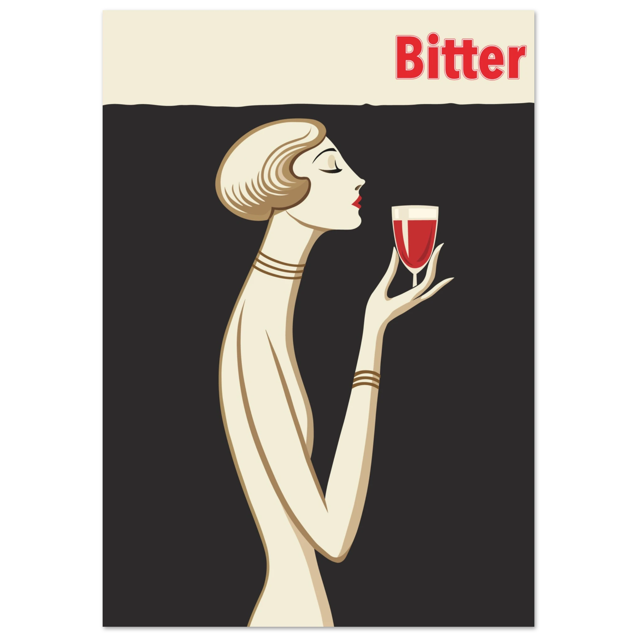 Poster Bitter in stile Art Déco con donna elegante che tiene un calice rosso, grafica vintage
