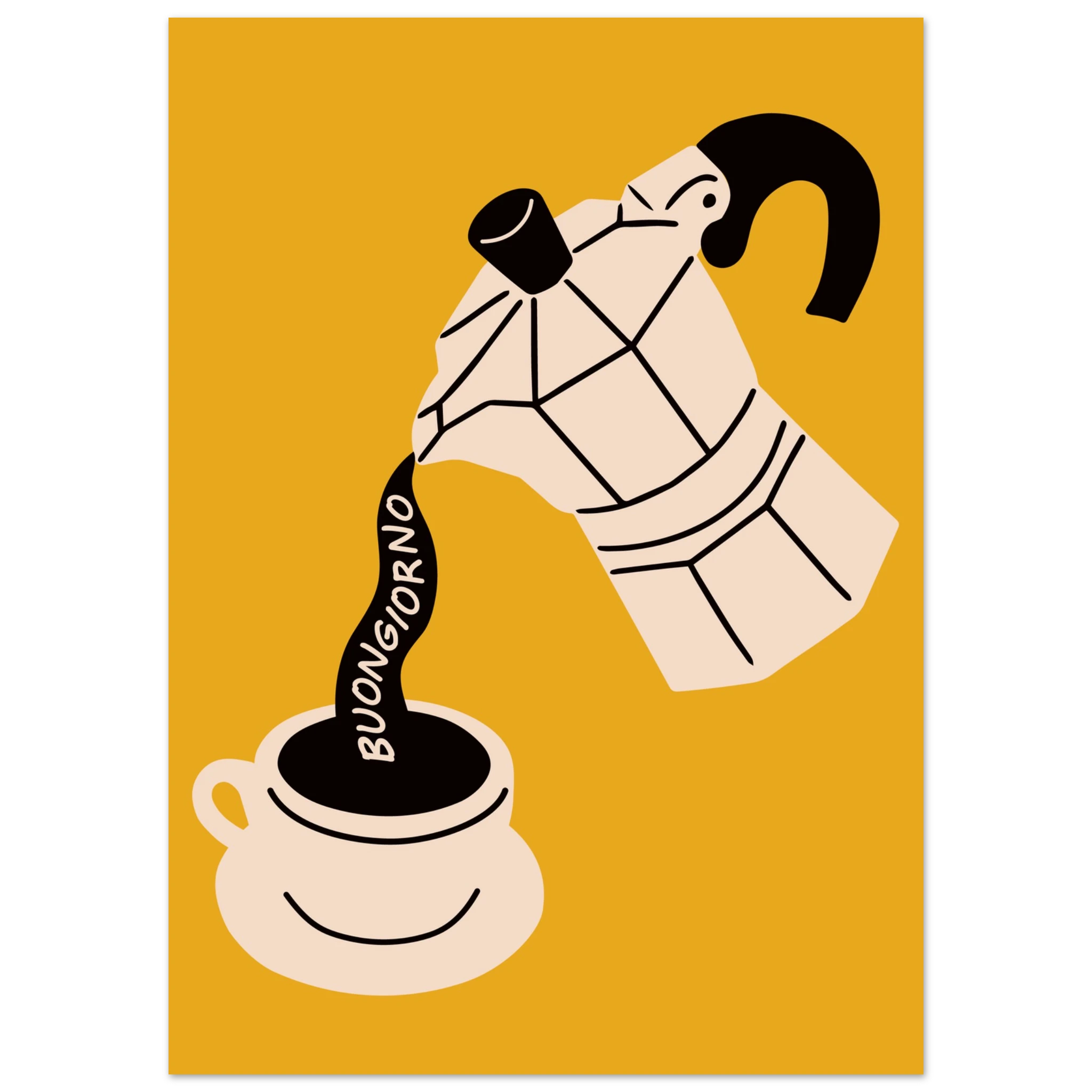 Poster illustrato con tazza di caffè, rito quotidiano italiano