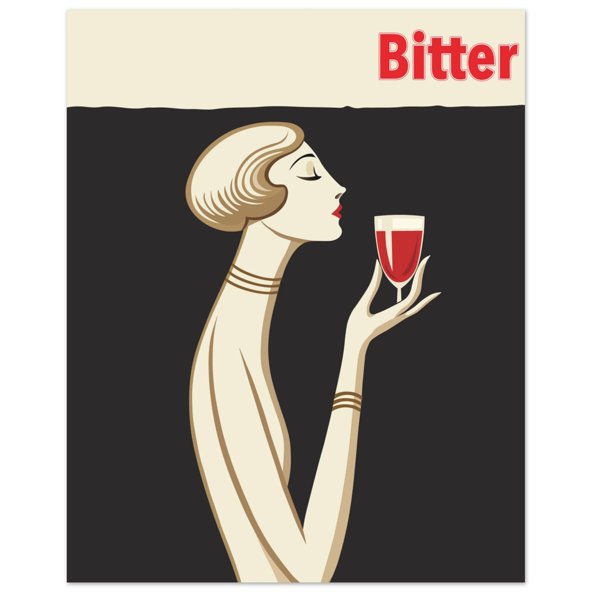 Poster Bitter in stile Art Déco con donna elegante che tiene un calice rosso, grafica vintage