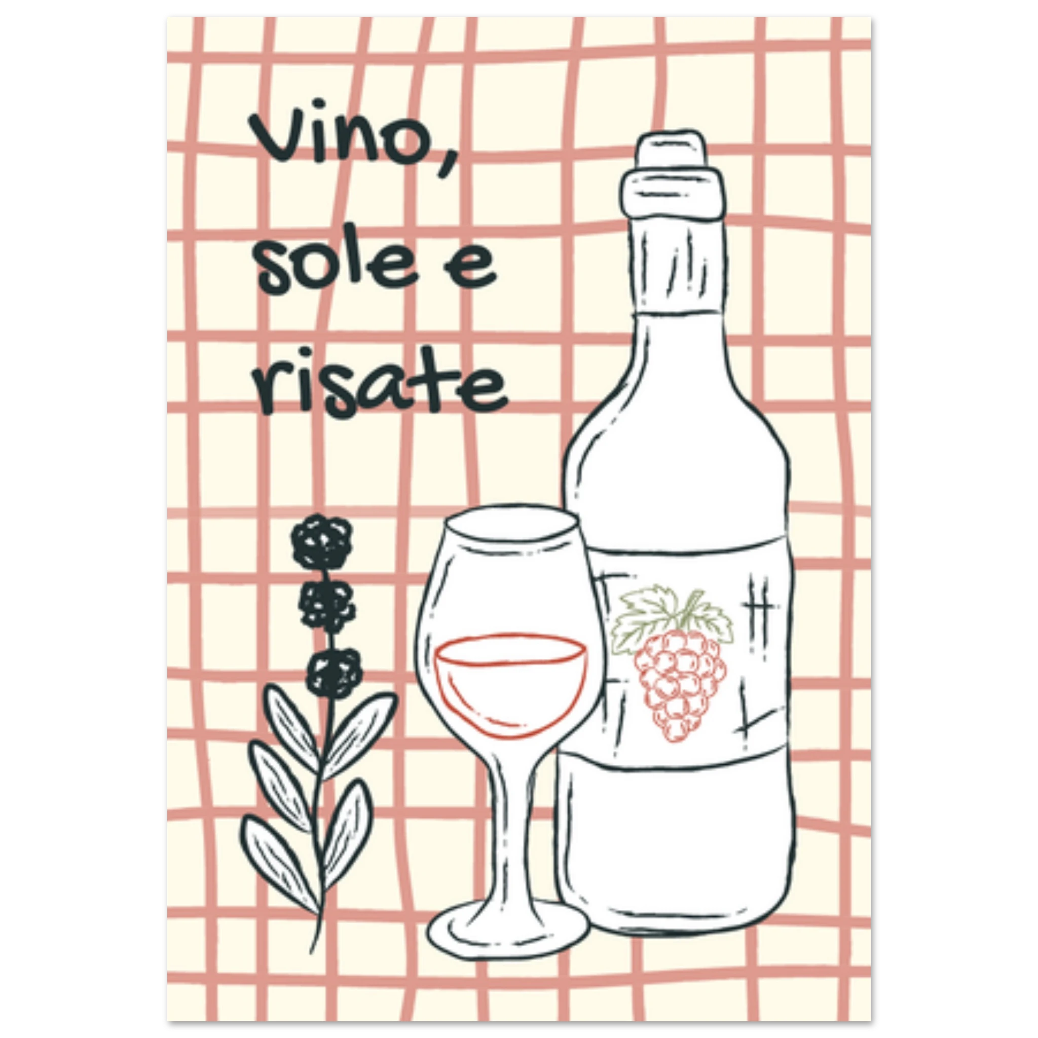 Poster illustrato con vino e bicchieri, convivialità e stile di vita italiano