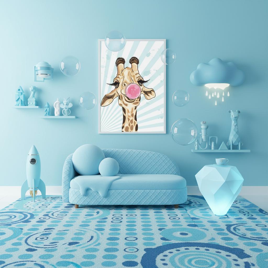 Poster con giraffa pop art che fa una bolla di chewing gum rosa, illustrazione moderna su sfondo azzurro