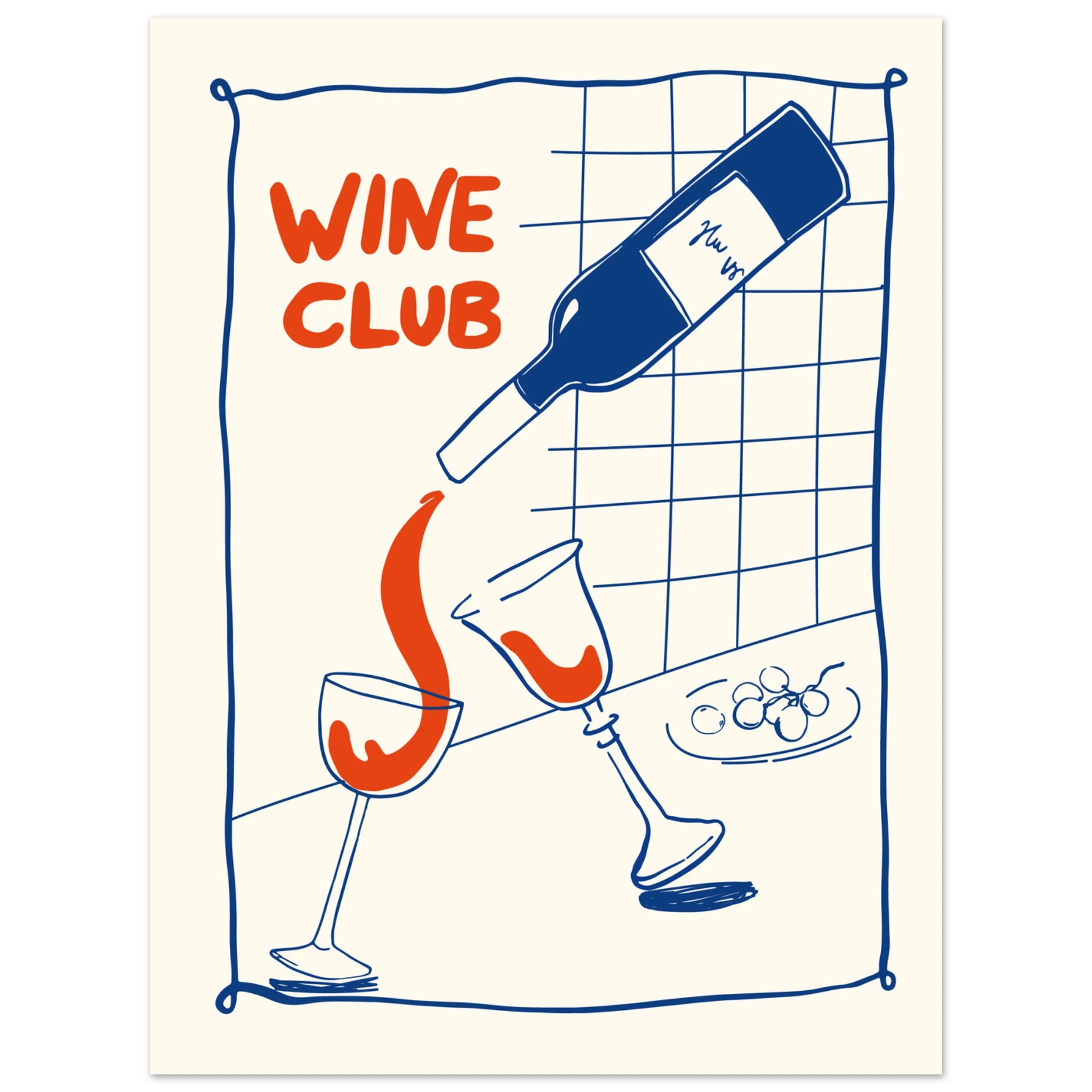 Poster Wine Club con illustrazione di bottiglia di vino e due calici, stile doodle moderno