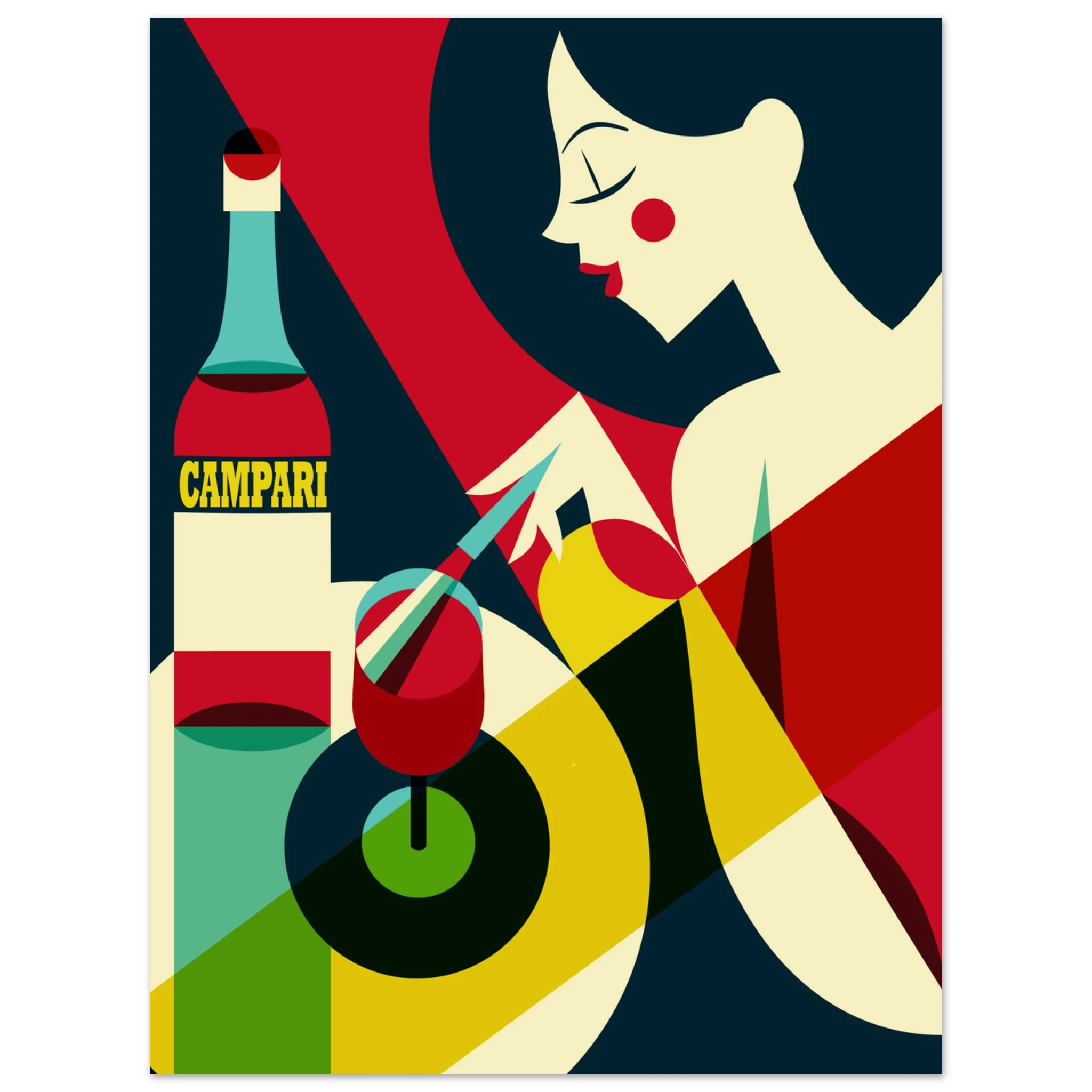 Poster vintage Campari con donna stilizzata e bottiglia, grafica retrò da aperitivo italiano
