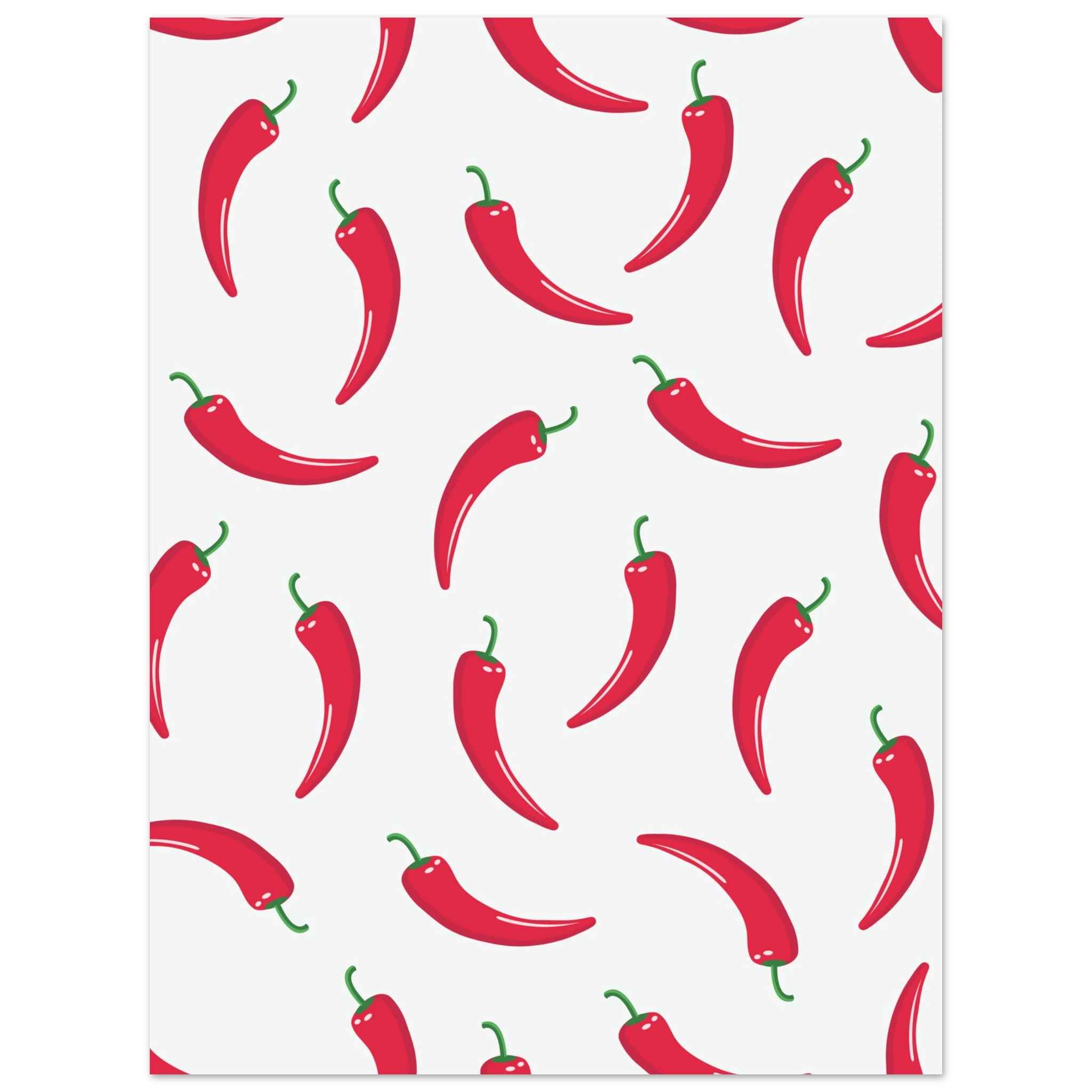 Poster con peperoncini rossi ripetuti su sfondo bianco, stile pop art moderno e minimal.