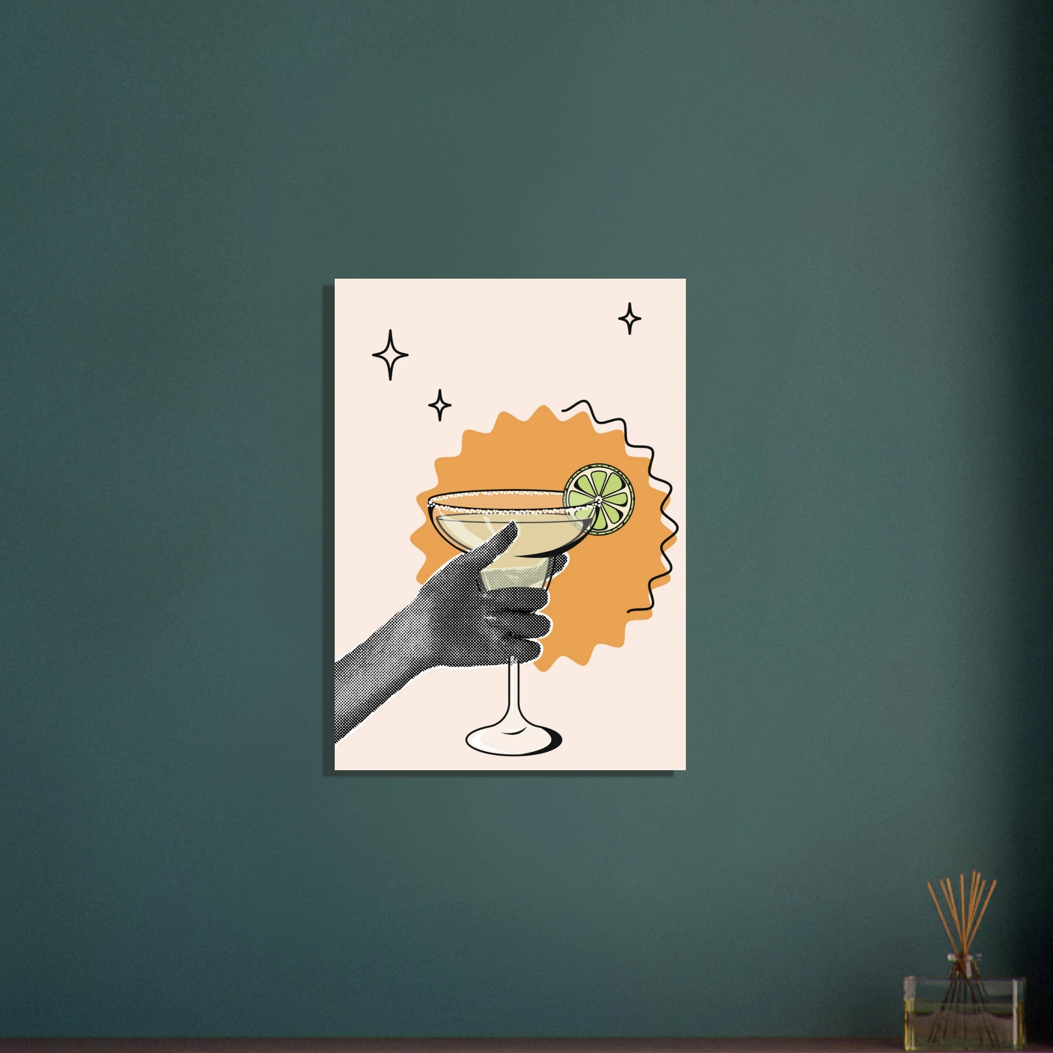 Poster Cheers con mano stilizzata che regge cocktail margarita con lime, illustrazione grafica moderna wall art contemporanea
