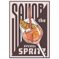 Poster Savor the Spritz con tipografia bold e bicchiere di spritz, stile retrò graphic design
