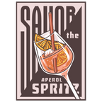 Poster Savor the Spritz con tipografia bold e bicchiere di spritz, stile retrò graphic design