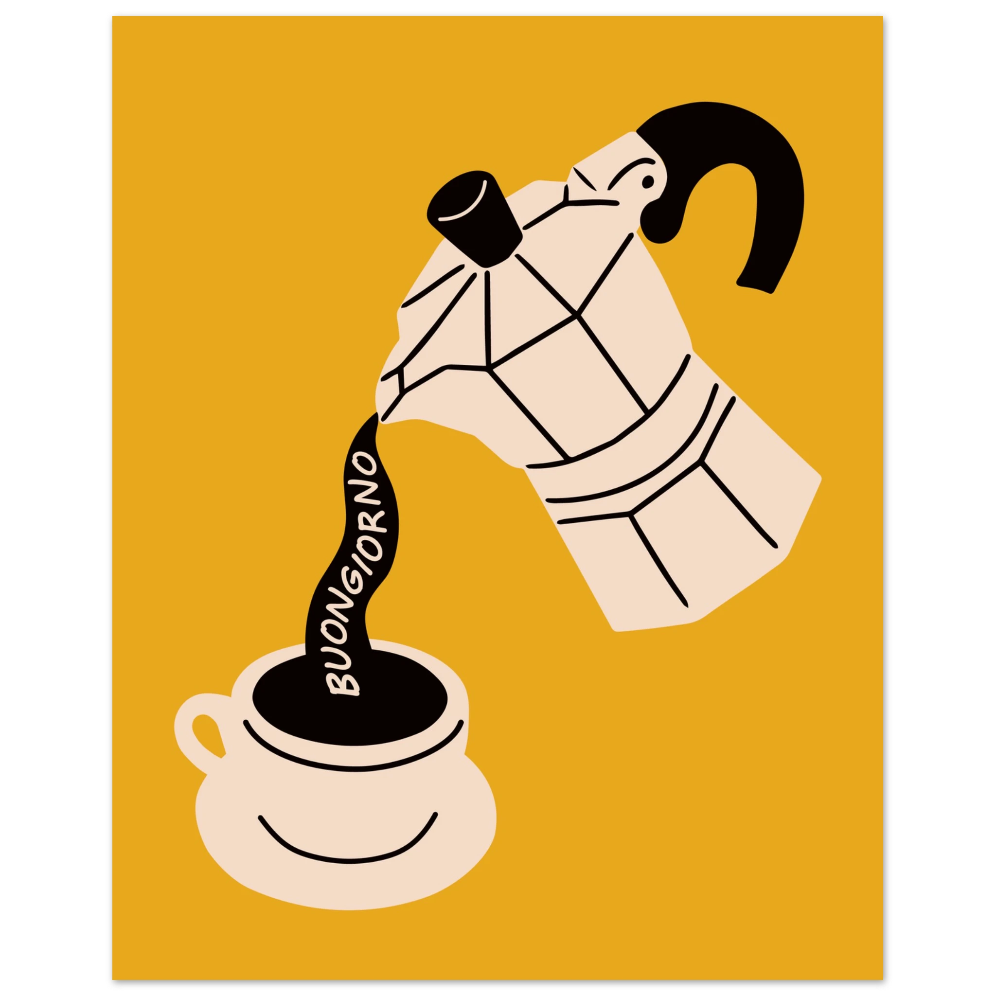 Poster illustrato con tazza di caffè, rito quotidiano italiano