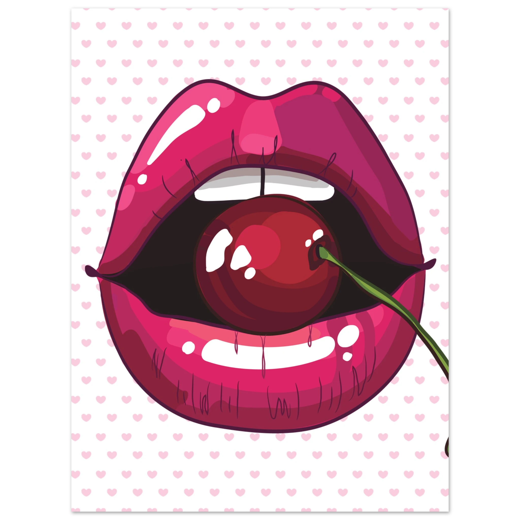 Poster pop art con bocca rosa lucida e ciliegia rossa, stile glamour moderno su sfondo chiaro con cuori
