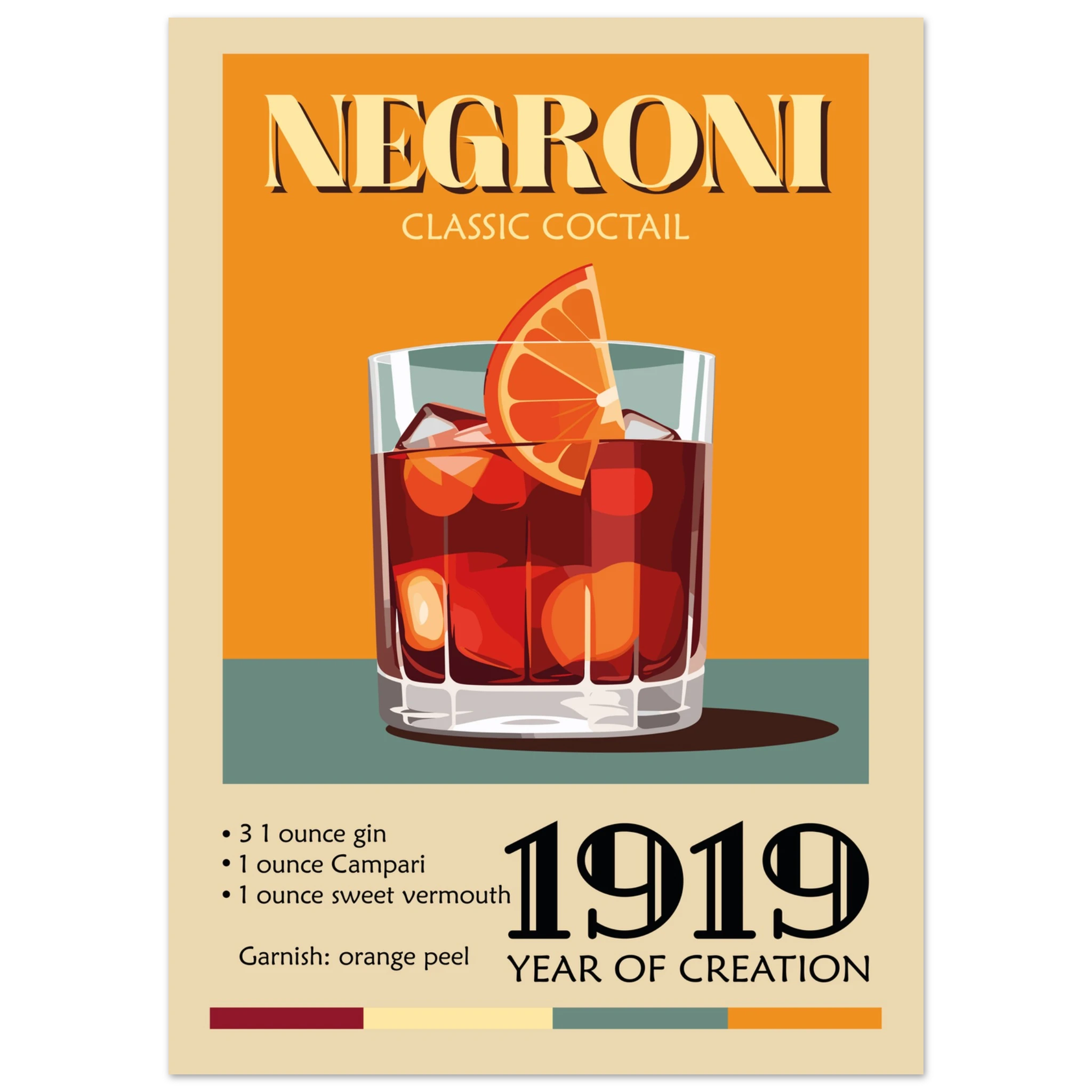 Poster illustrato Negroni in stile vintage con cocktail rosso, arancia e ricetta, perfetto per decorare un angolo bar o cucina moderna.