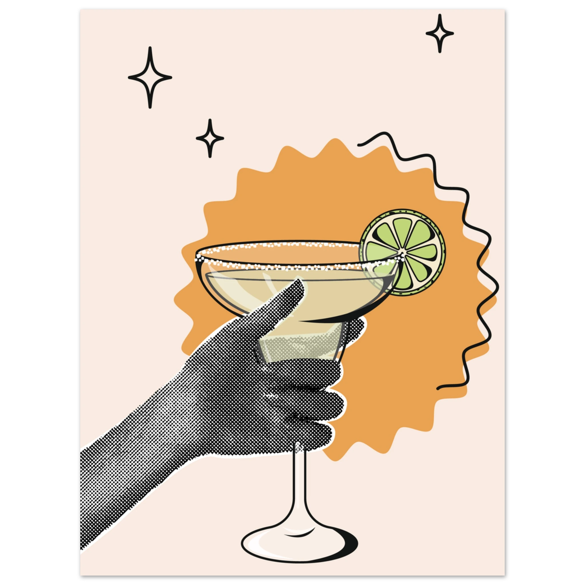Poster Cheers con mano stilizzata che regge cocktail margarita con lime, illustrazione grafica moderna wall art contemporanea
