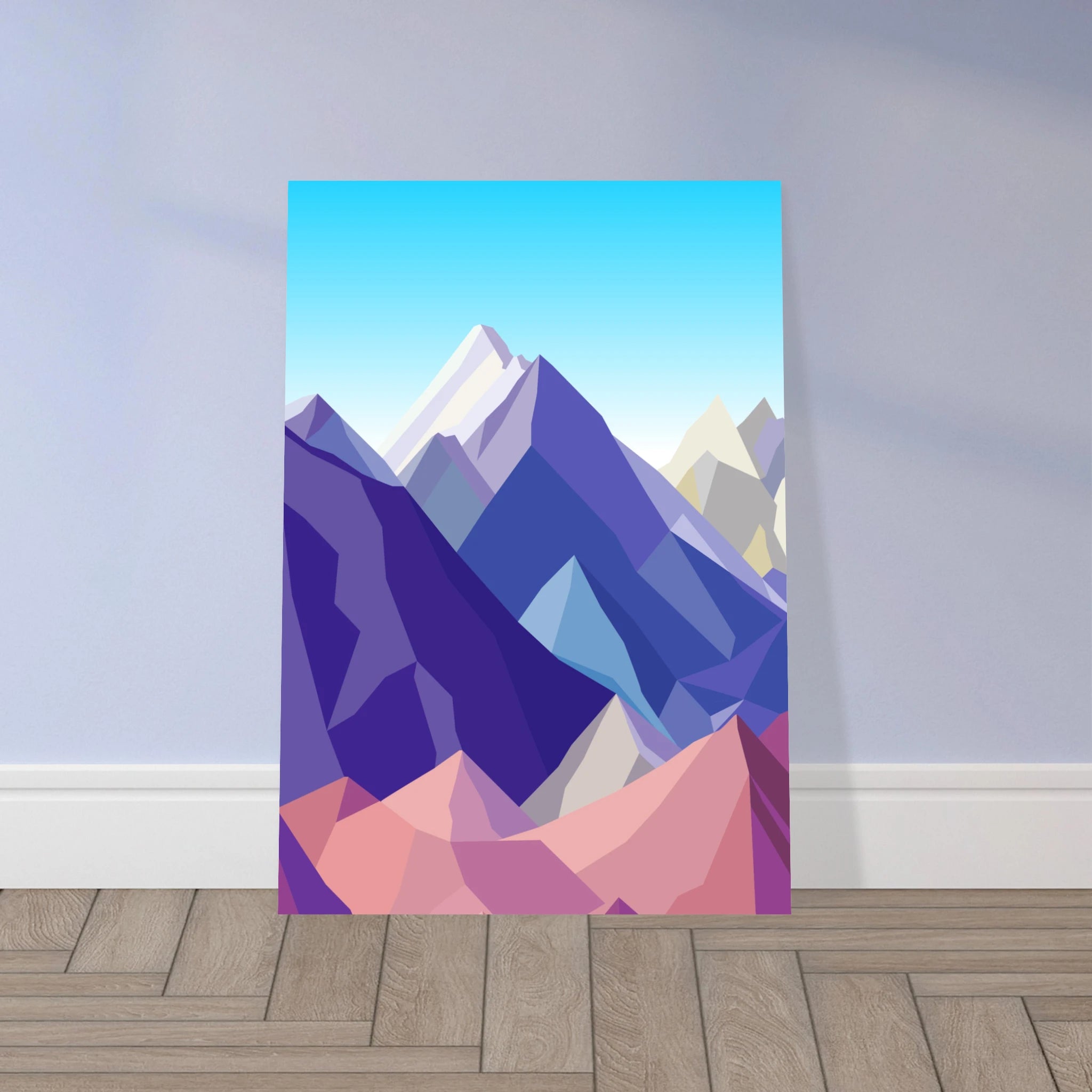 Poster montagna in stile arte moderna con vette colorate stilizzate