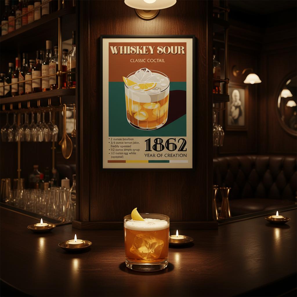 Poster Whiskey Sour vintage con bicchiere cocktail e limone, stile retrò elegante per bar di casa
