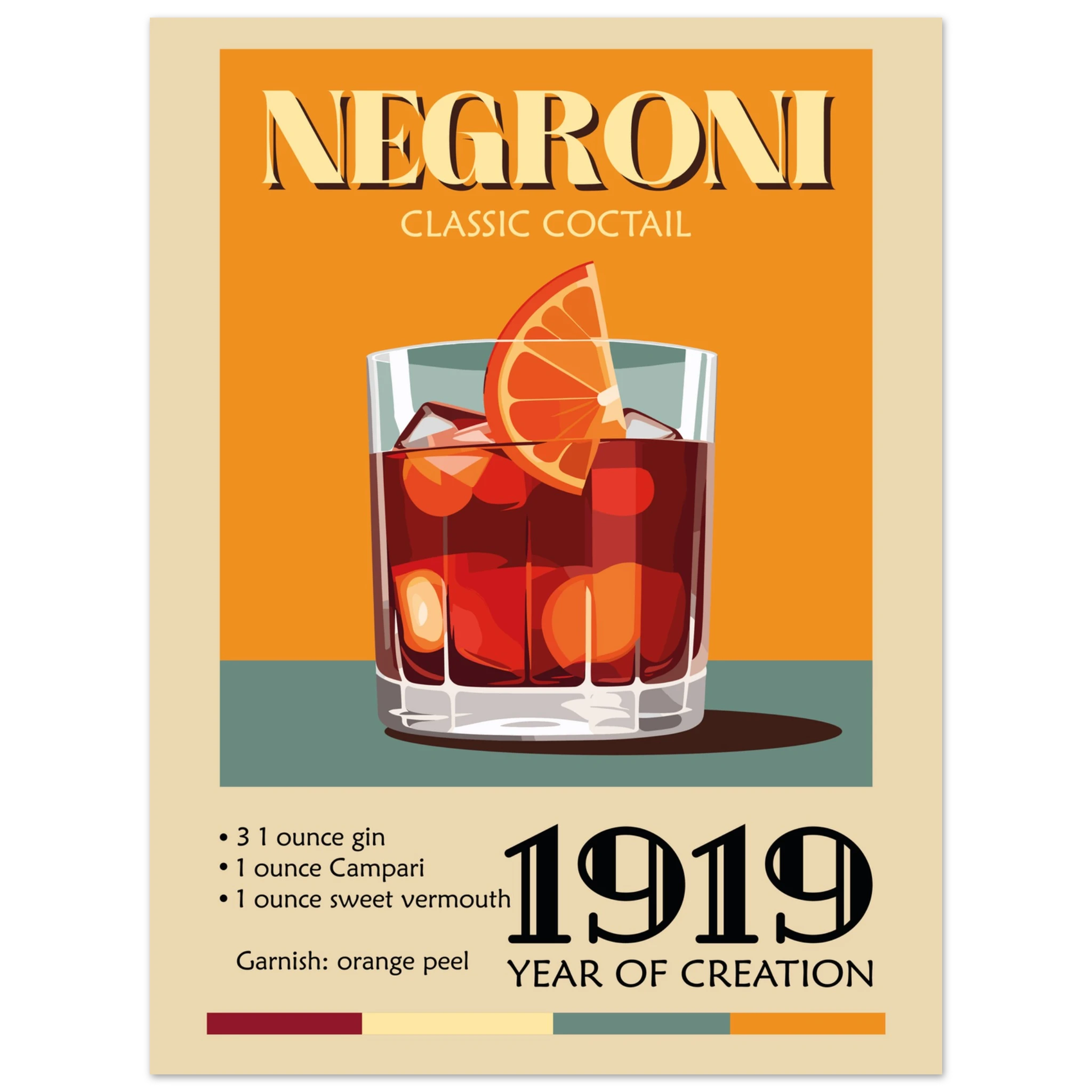 Poster illustrato Negroni in stile vintage con cocktail rosso, arancia e ricetta, perfetto per decorare un angolo bar o cucina moderna.
