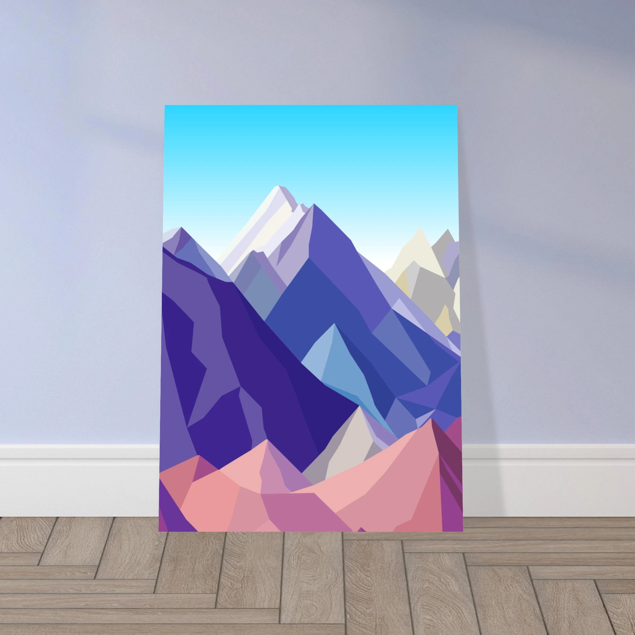 Poster montagna in stile arte moderna con vette colorate stilizzate