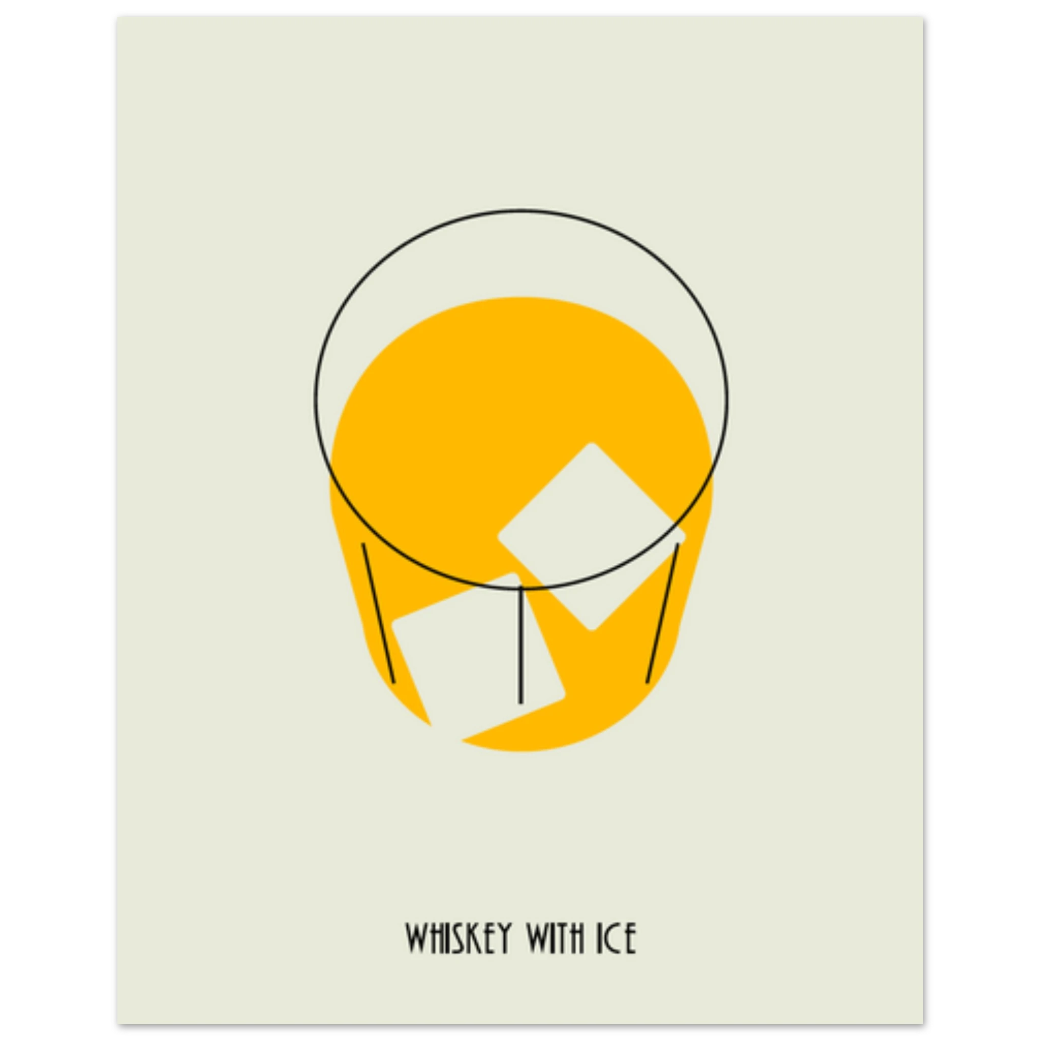 Poster minimal Whiskey with Ice con bicchiere stilizzato e ghiaccio, design moderno elegante