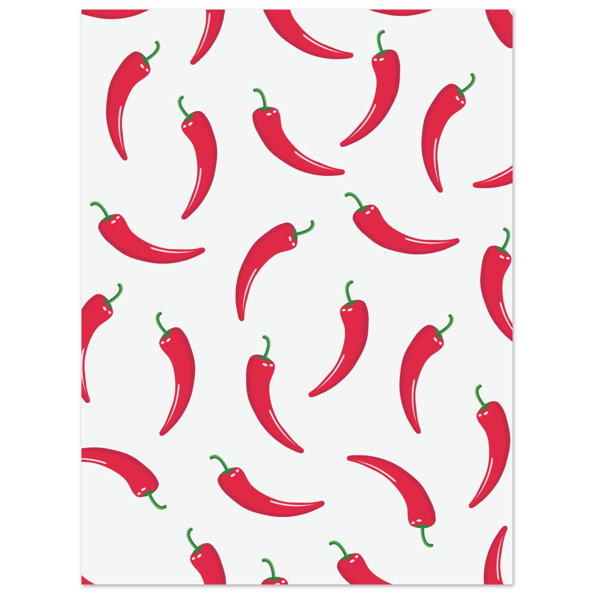 Poster con peperoncini rossi ripetuti su sfondo bianco, stile pop art moderno e minimal.