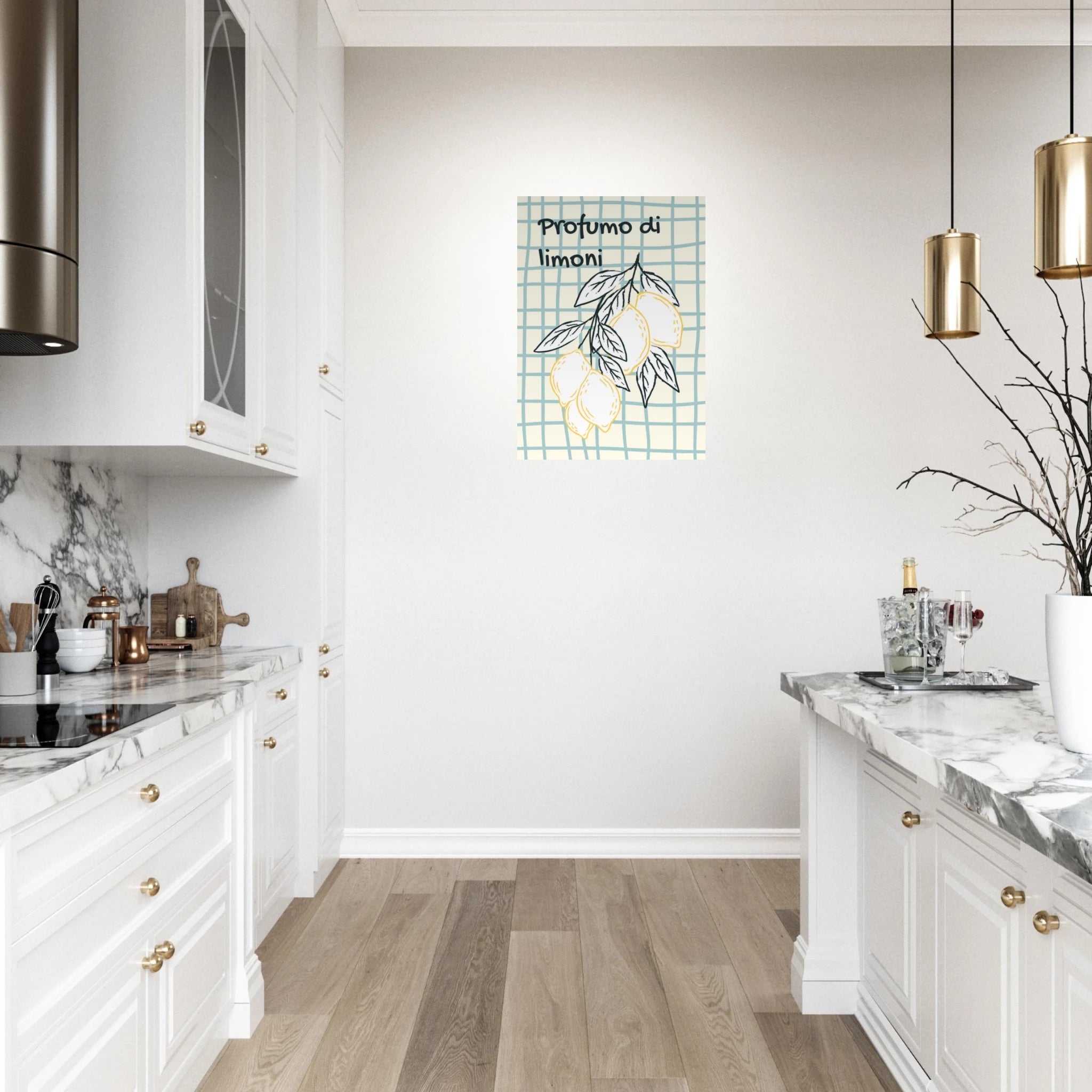 Poster illustrato con limoni e foglie, stile mediterraneo italiano