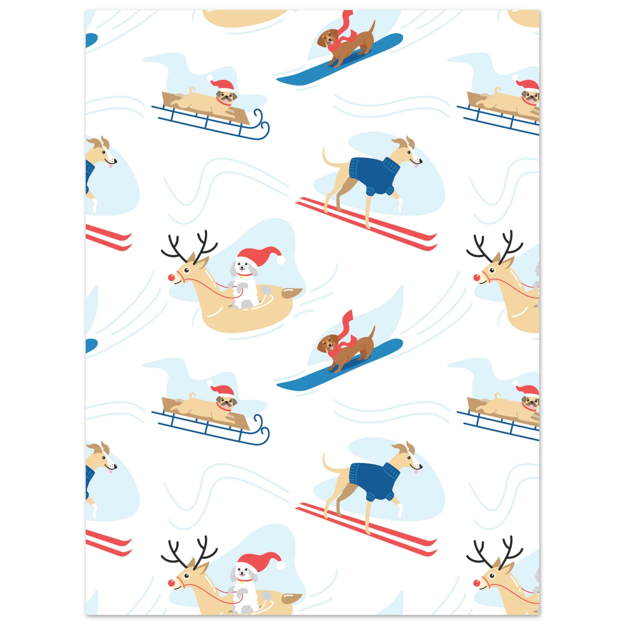 Poster montagna illustrato con cani sulla neve tra sci e slitte, stile vintage