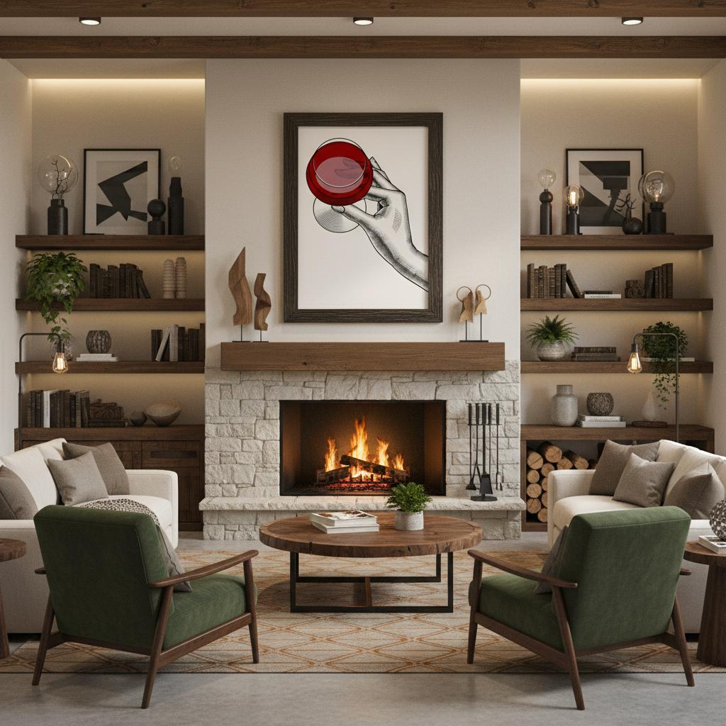 Poster minimal con mano illustrata che regge un bicchiere di vino rosso, line art moderna