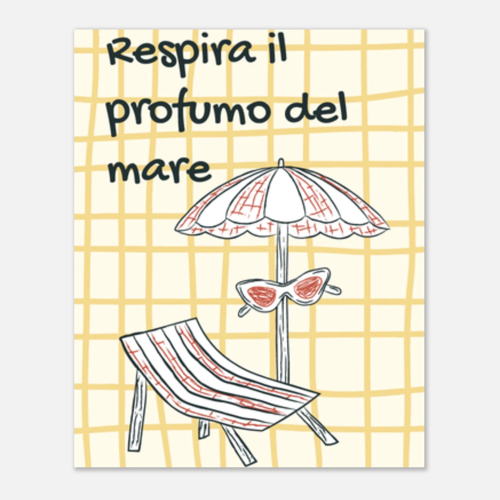 Poster illustrato con ombrellone e sdraio, mare e stile di vita mediterraneo