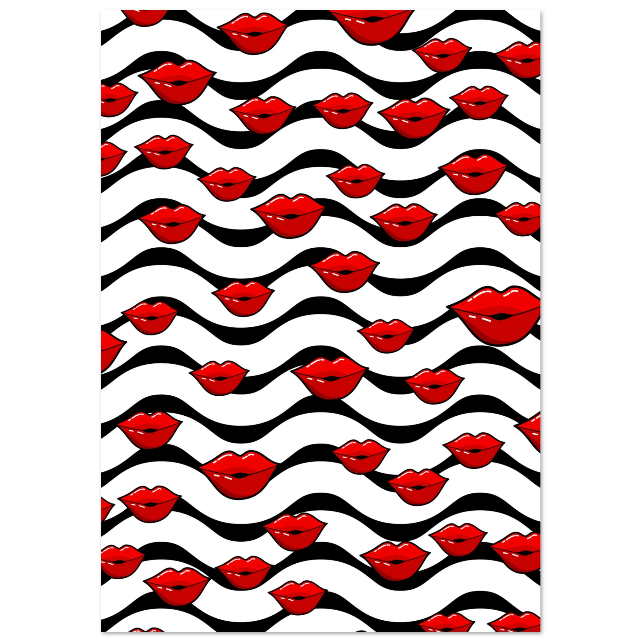Poster pop art con labbra rosse ripetute su sfondo bianco e onde nere, pattern grafico moderno da parete