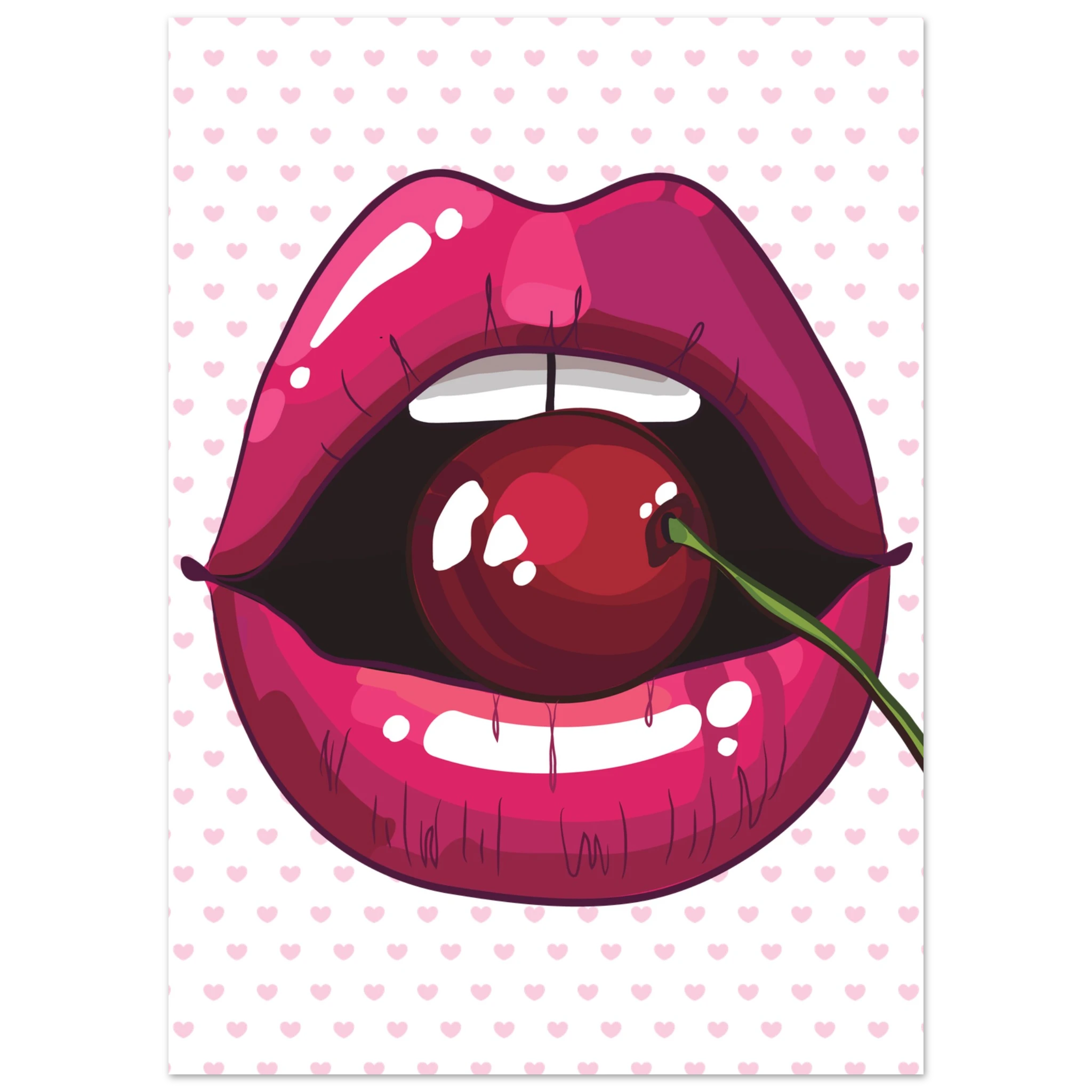 Poster pop art con bocca rosa lucida e ciliegia rossa, stile glamour moderno su sfondo chiaro con cuori