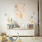 Poster illustrato per bambini con animali del bosco in stile dolce, ideale per la cameretta