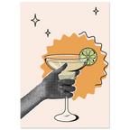 Poster Cheers con mano stilizzata che regge cocktail margarita con lime, illustrazione grafica moderna wall art contemporanea
