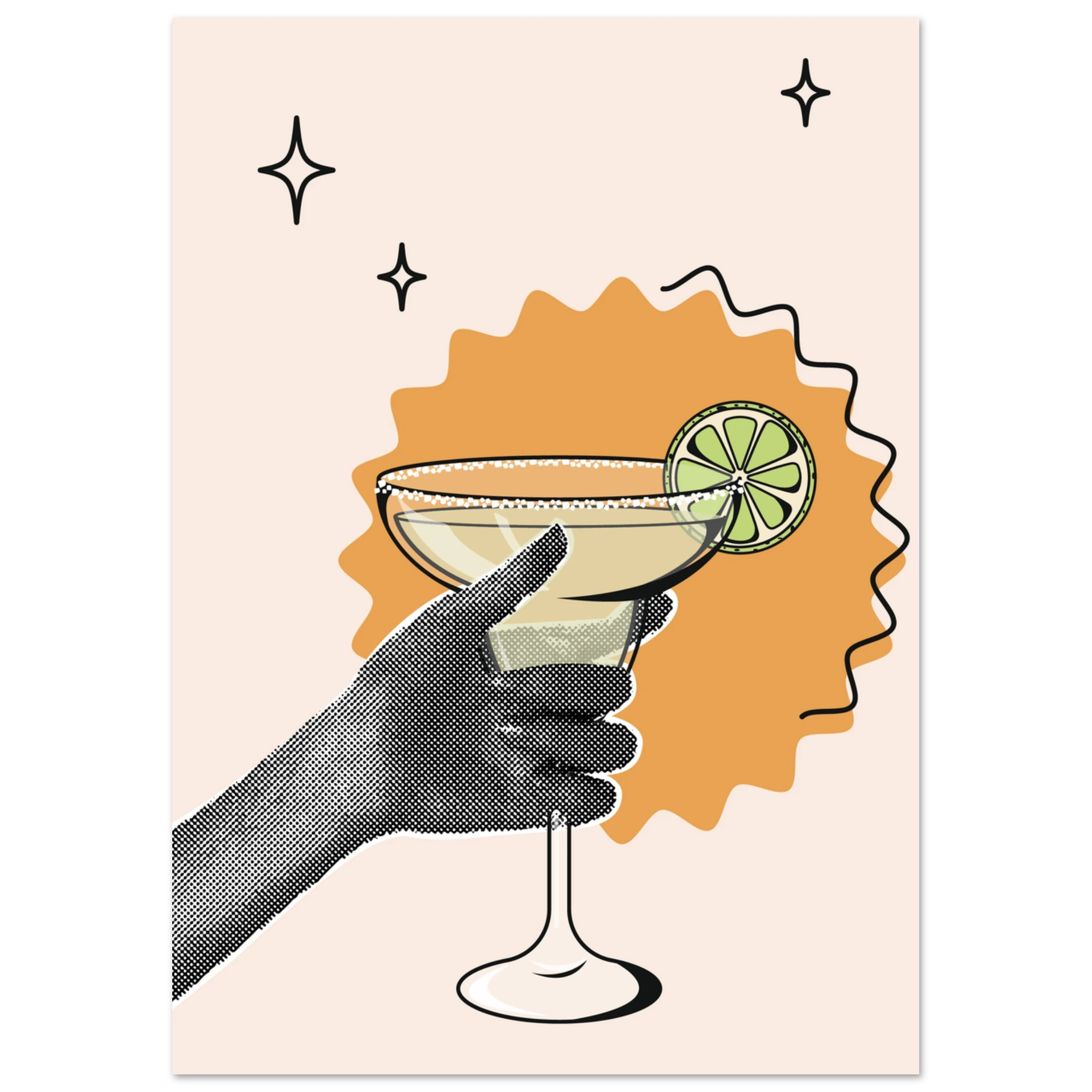 Poster Cheers con mano stilizzata che regge cocktail margarita con lime, illustrazione grafica moderna wall art contemporanea
