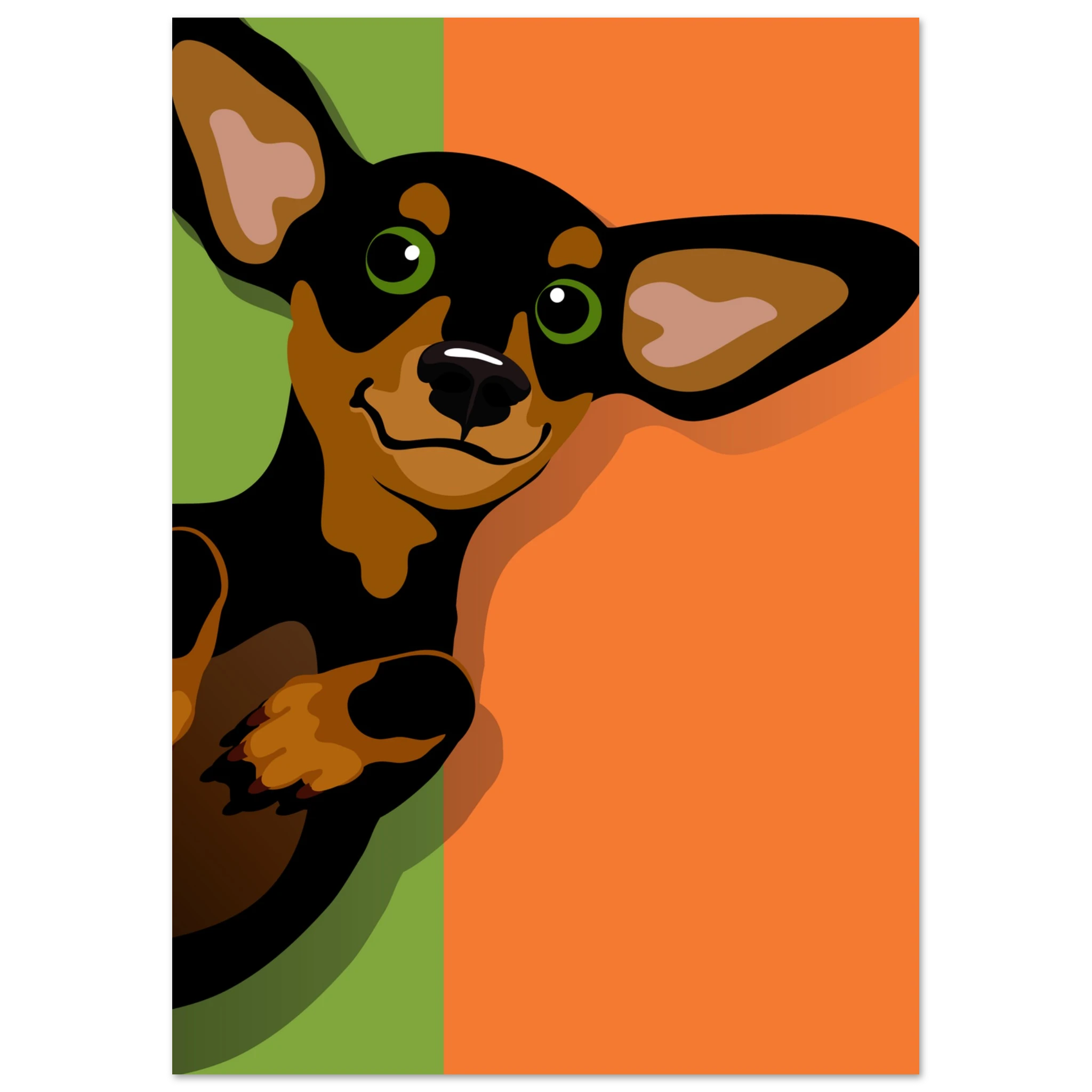 Illustrazione pop art di un bassotto, poster moderno per decorazione casa, ideale per amanti dei cani.
