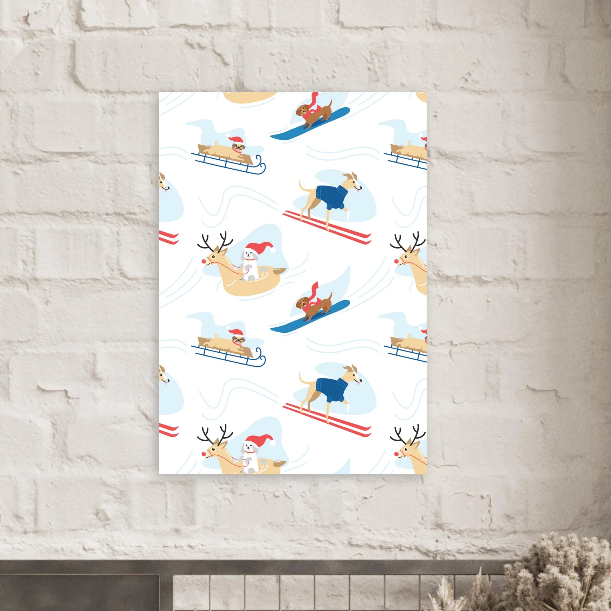 Poster montagna illustrato con cani sulla neve tra sci e slitte, stile vintage