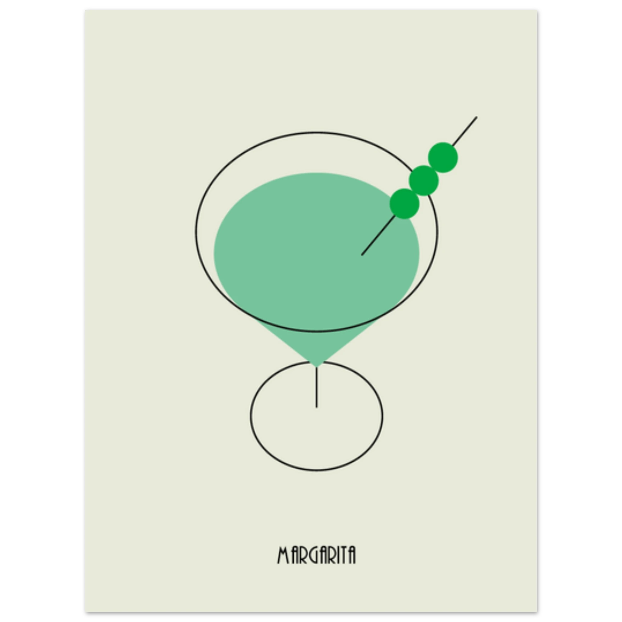 Poster minimal Margarita con cocktail verde e oliva, design moderno elegante per pareti e angolo bar