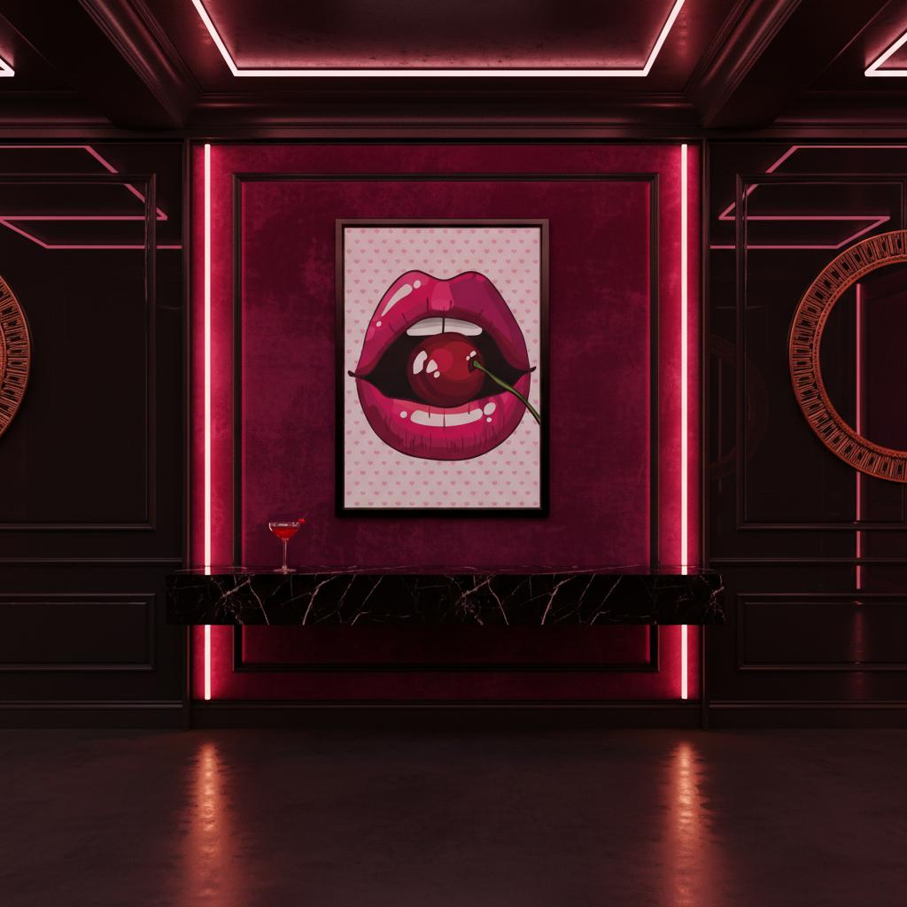 Poster pop art con bocca rosa lucida e ciliegia rossa, stile glamour moderno su sfondo chiaro con cuori