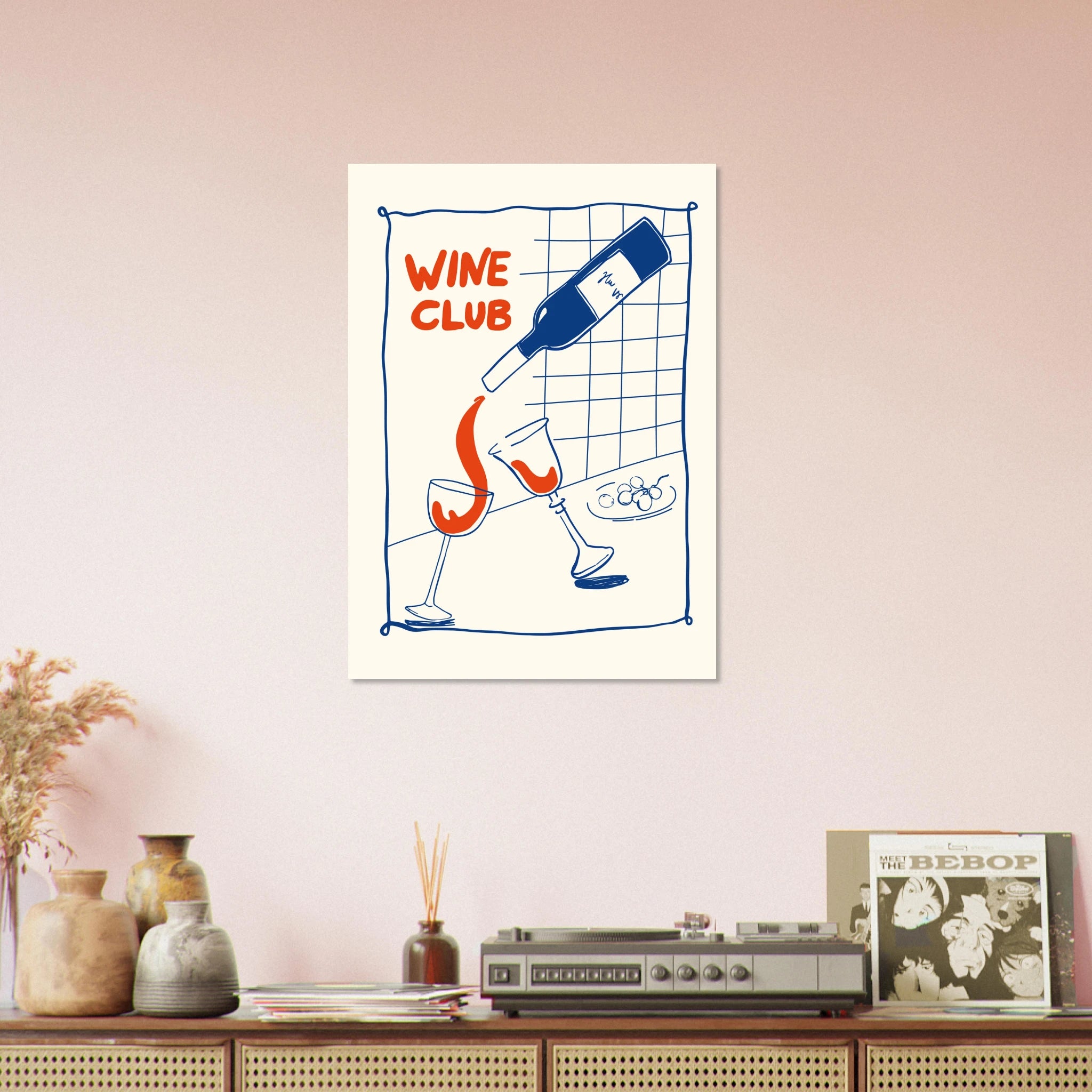 Poster Wine Club con illustrazione di bottiglia di vino e due calici, stile doodle moderno