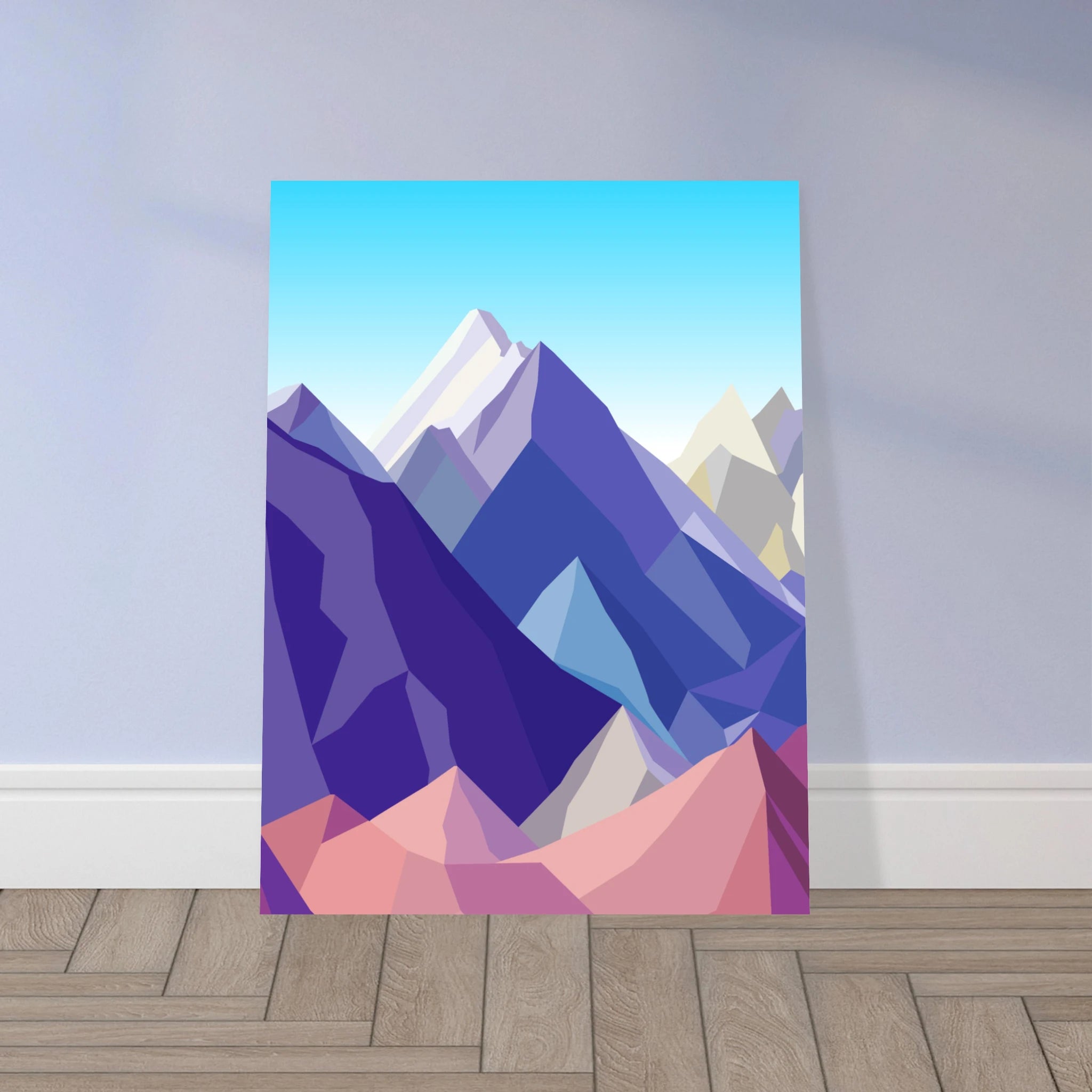 Poster montagna in stile arte moderna con vette colorate stilizzate