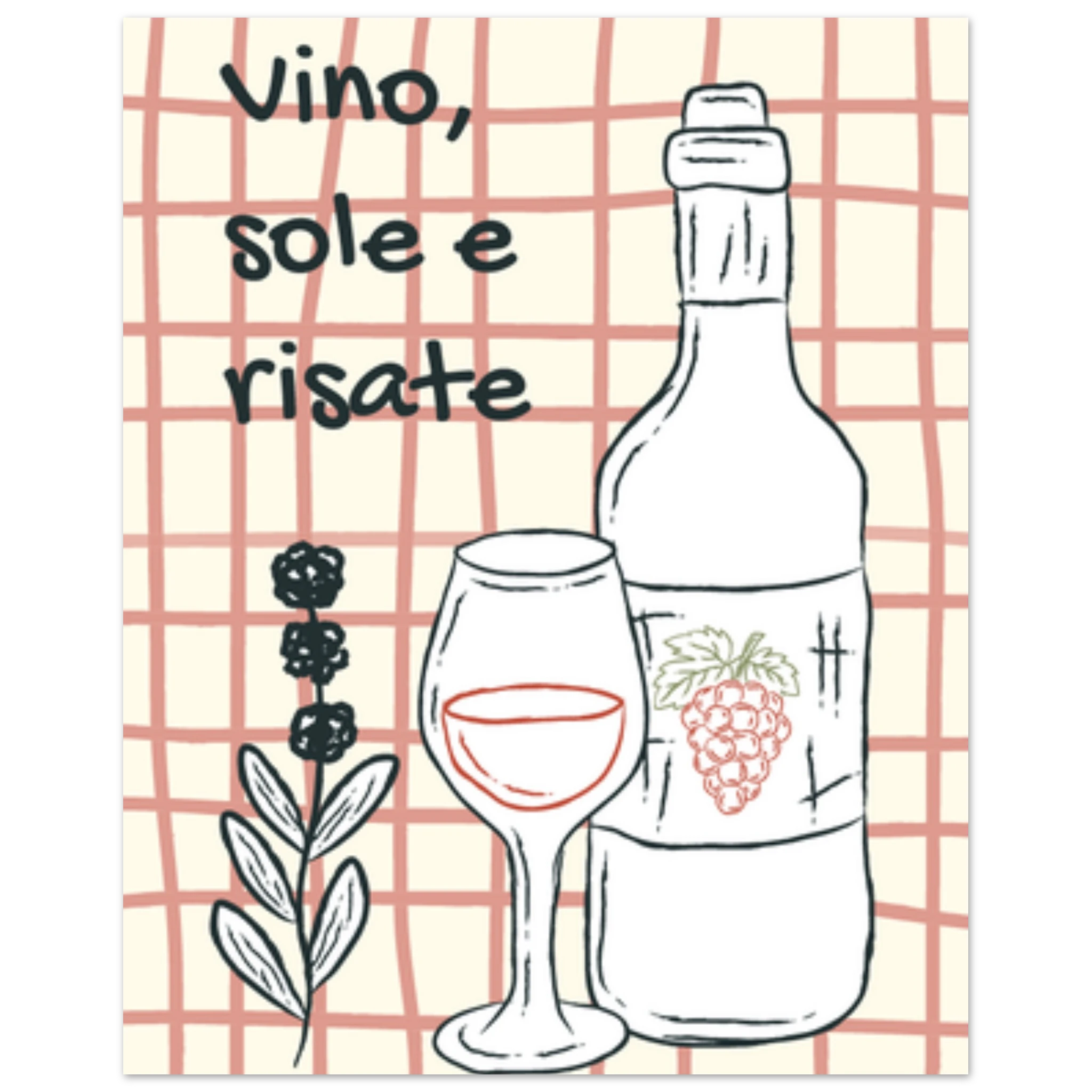 Poster illustrato con vino e bicchieri, convivialità e stile di vita italiano