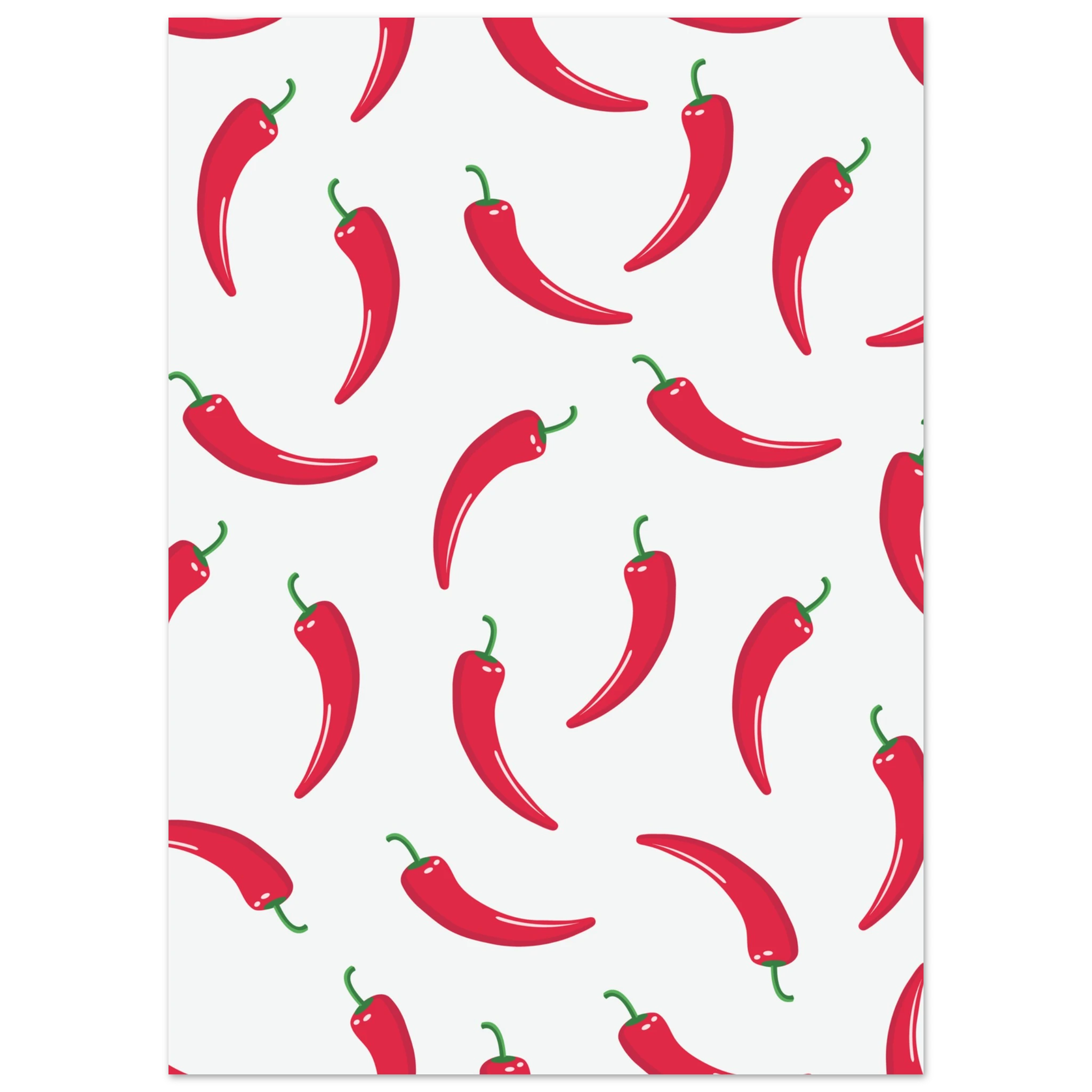 Poster con peperoncini rossi ripetuti su sfondo bianco, stile pop art moderno e minimal.