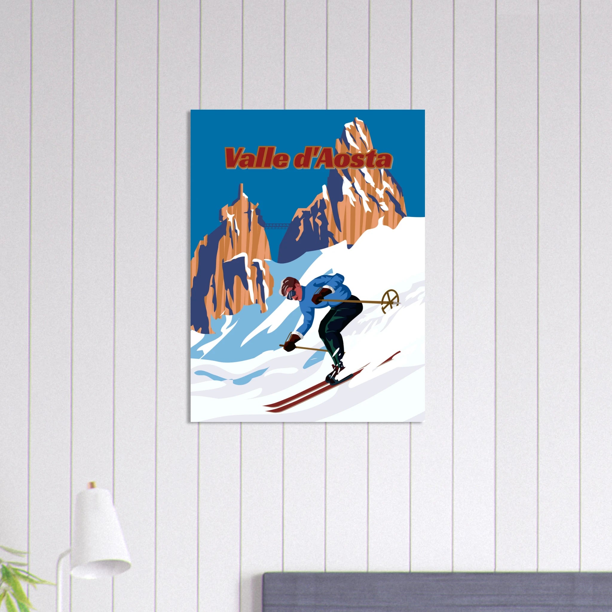 Poster Valle d’Aosta con sciatore in discesa e montagne alpine, illustrazione grafica moderna stile travel vintage wall art
