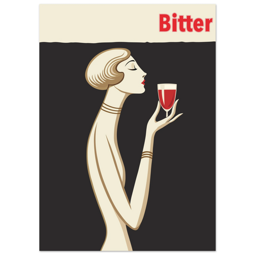 Poster Bitter in stile Art Déco con donna elegante che tiene un calice rosso, grafica vintage
