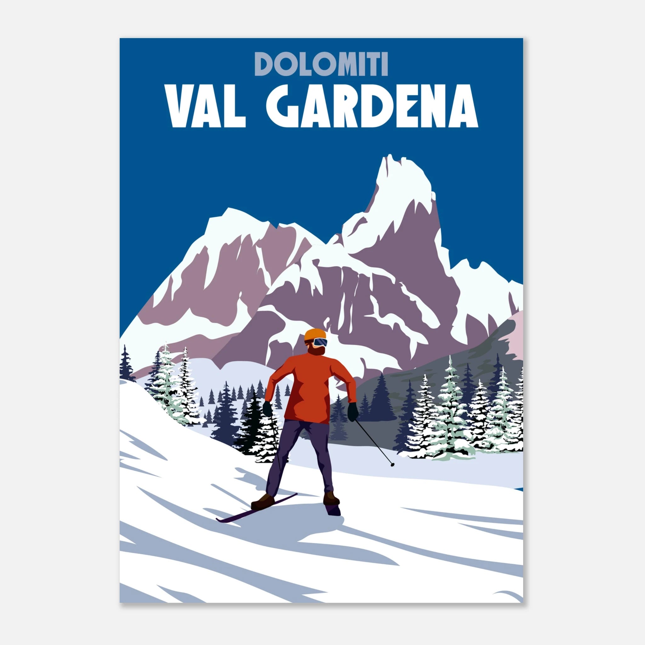 Poster vintage ispirato alla Val Gardena e alle Dolomiti. Arte alpina perfetta per chi ama sci e montagna.