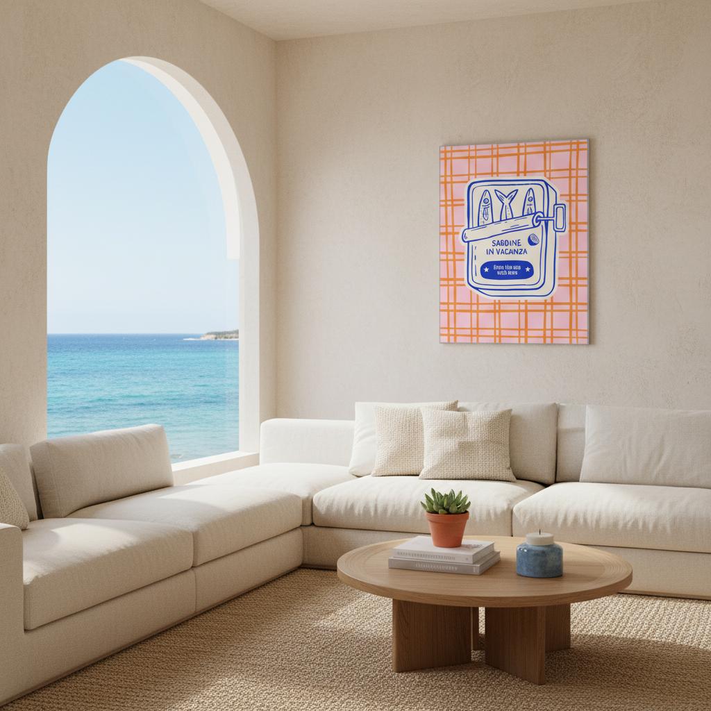 Poster illustrato con sardine e mare, stile di vita mediterraneo italiano